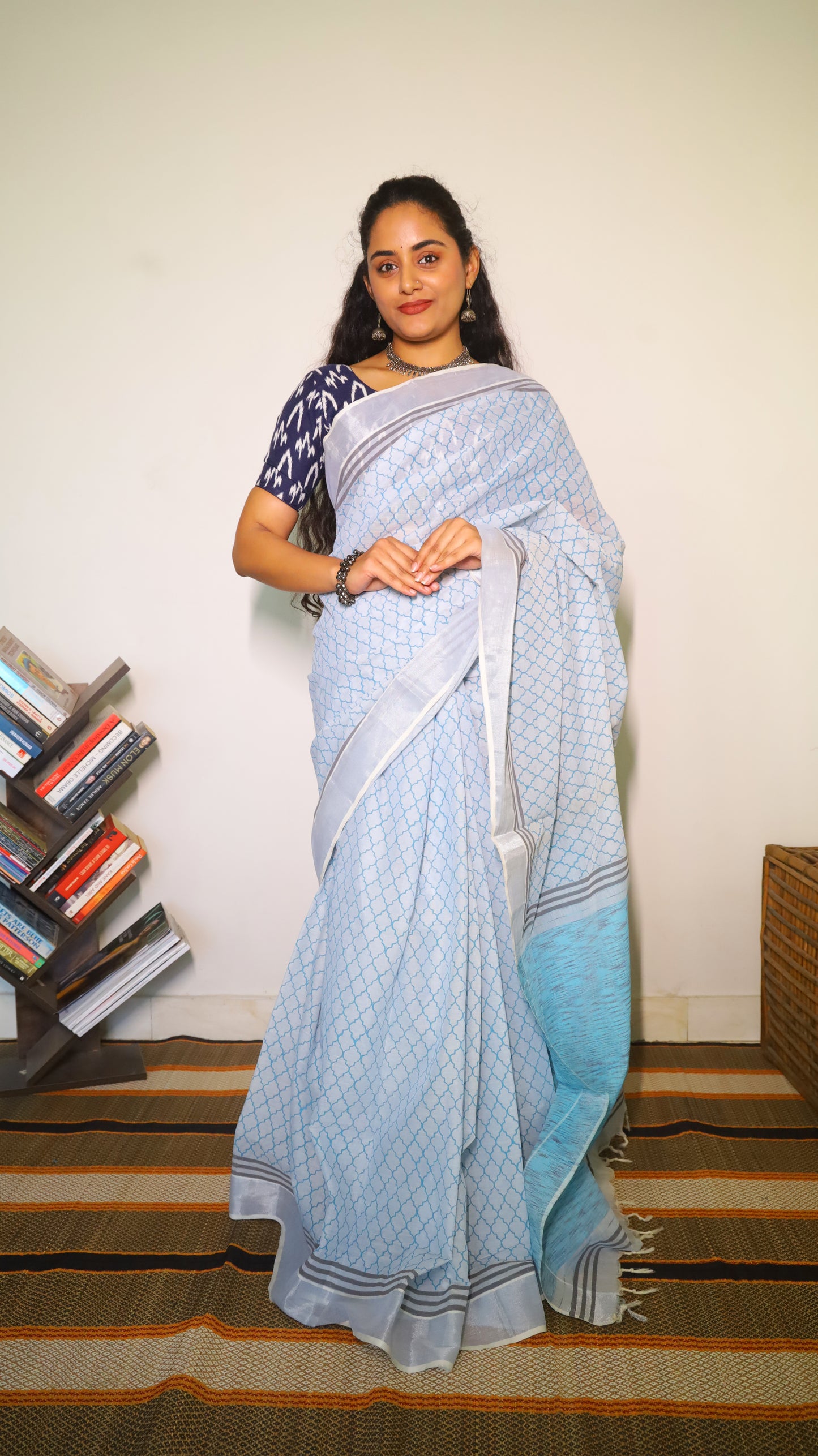 Easy wear light blue cotton block print saree with striped pallu and silver border  - BOOMIKA