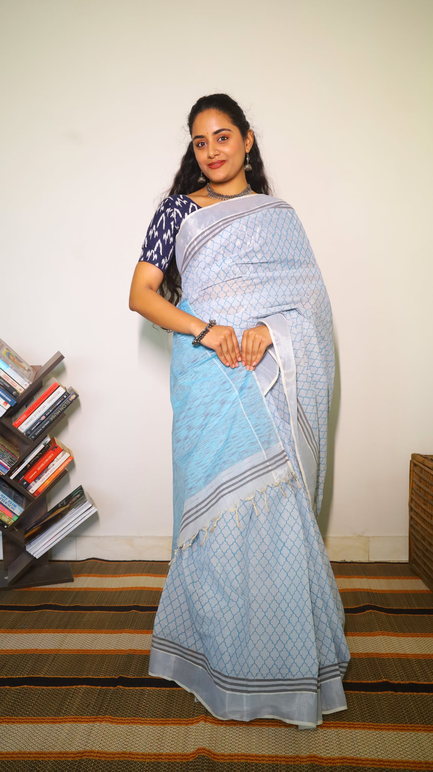 Easy wear light blue cotton block print saree with striped pallu and silver border  - BOOMIKA