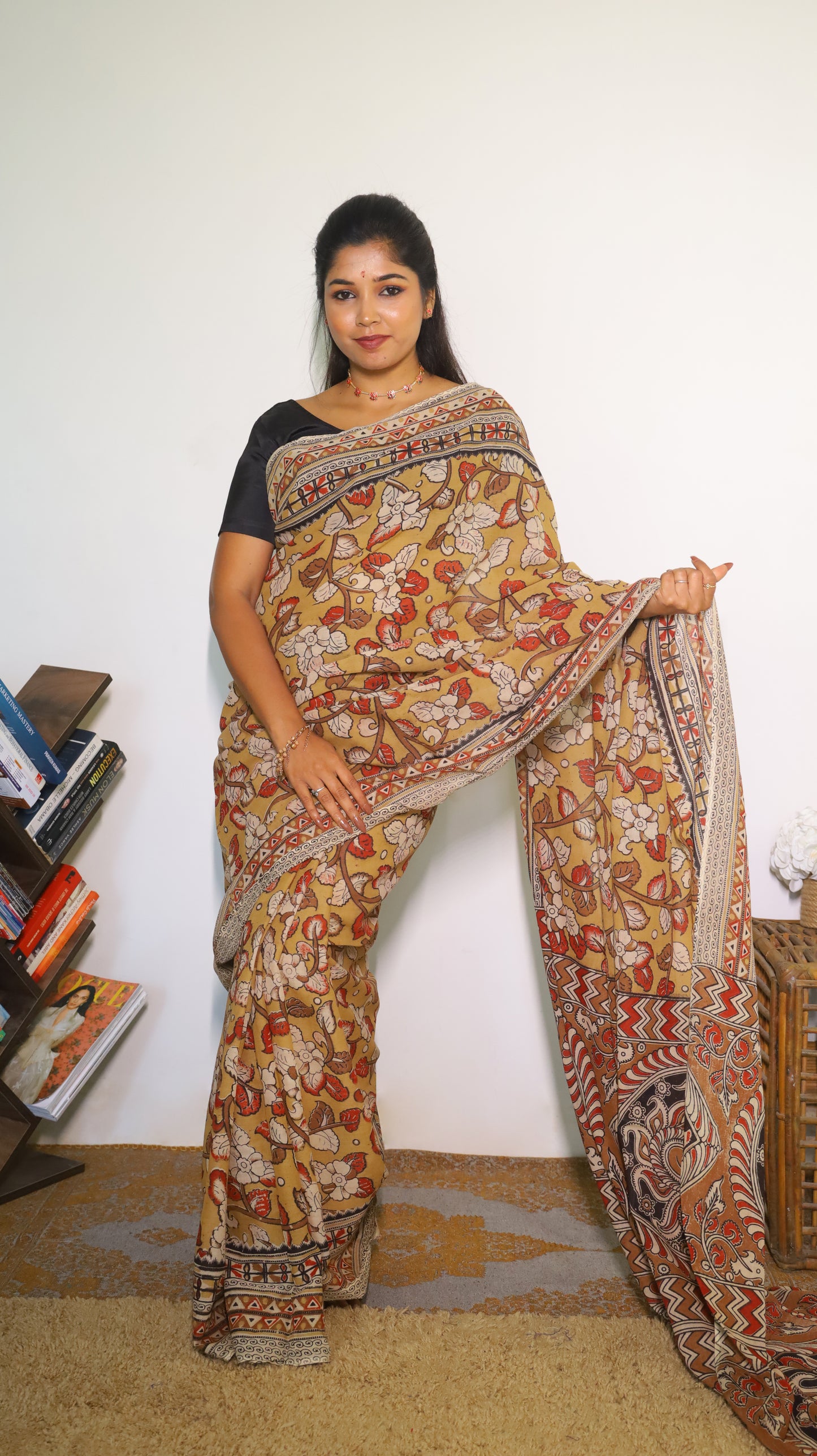 Vibrant mustard yellow soft cotton Kalamkari print saree with flowers and peacocks in light grey and black  - BOOMIKA