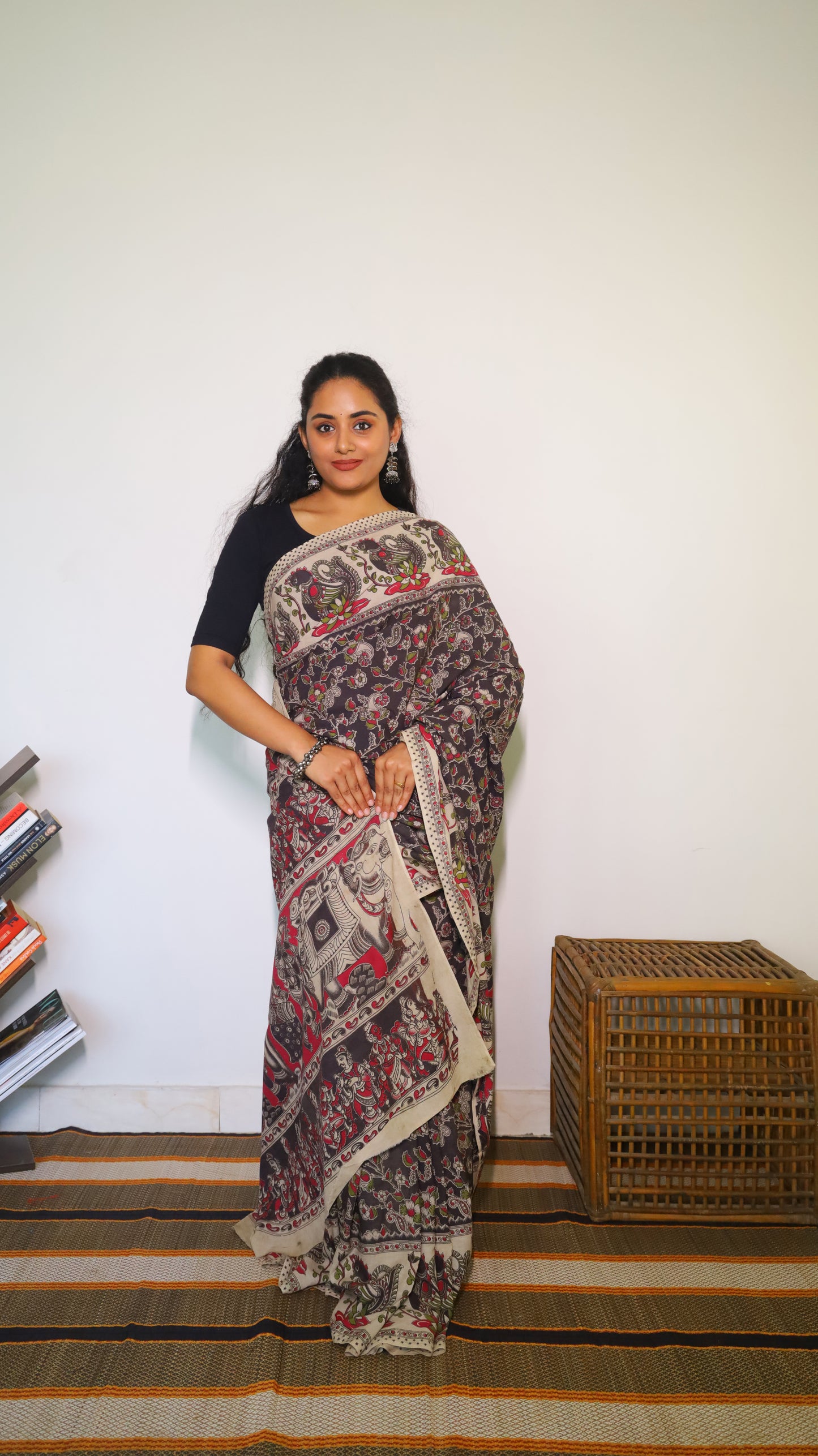 Sophisticated black base soft cotton Kalamkari print with artistic designs of peacocks and florals - BOOMIKA