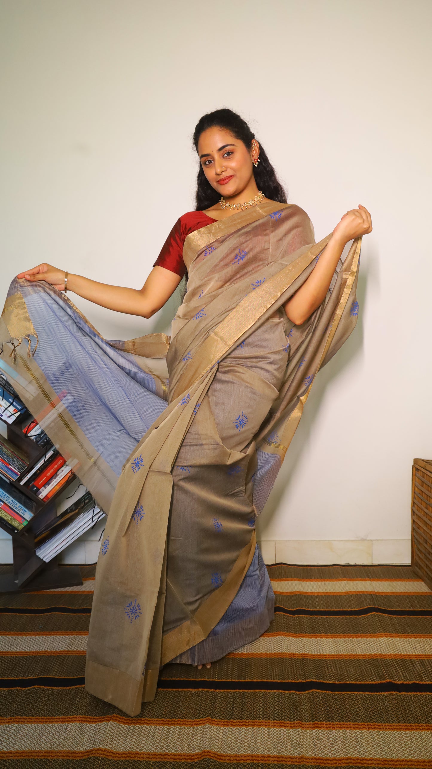 Magnificent grey cotton block print saree with gold zari and blue striped pallu -  BOOMIKA