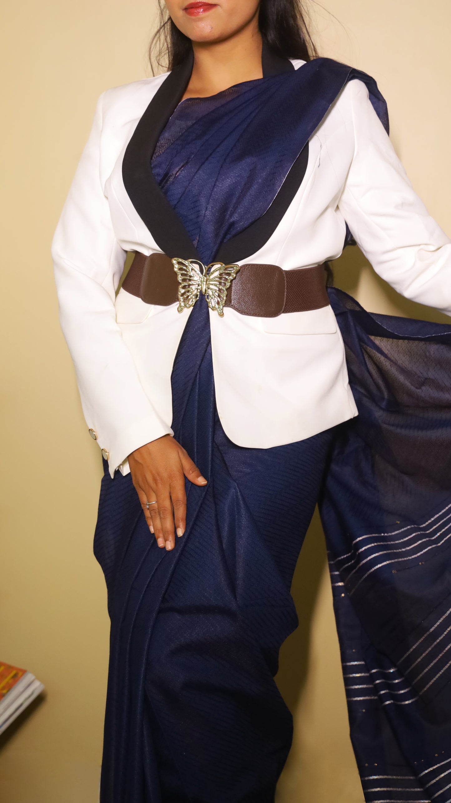 Effortless stylish semi tusser silk textured saree in dark blue with white embroidery - PREETHIKA