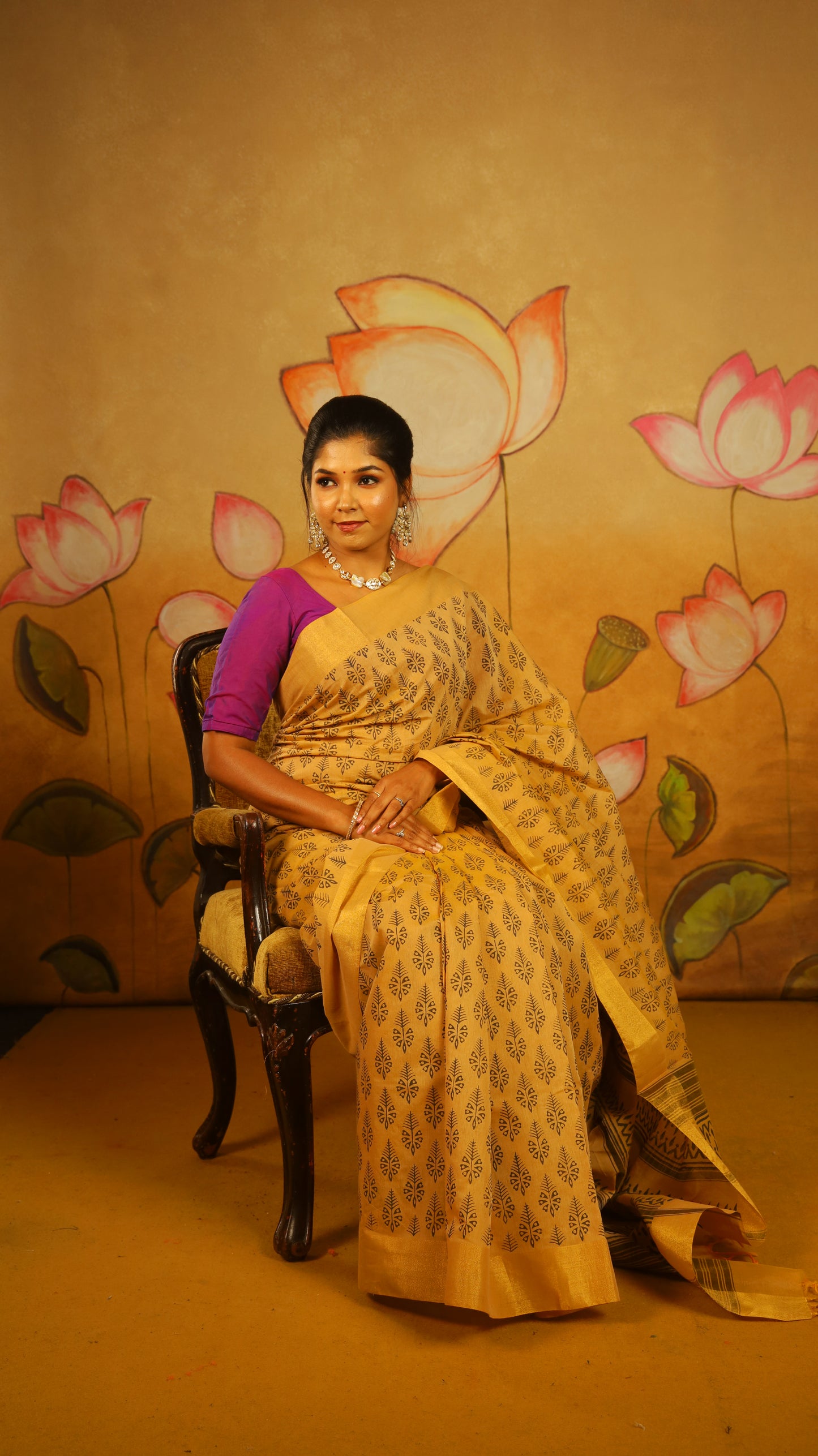 Timeless Handloom Cotton Saree with all-over Block-Printed Leaf Motifs and a subtle gold border. Designed for everyday comfort - BOOMIKA