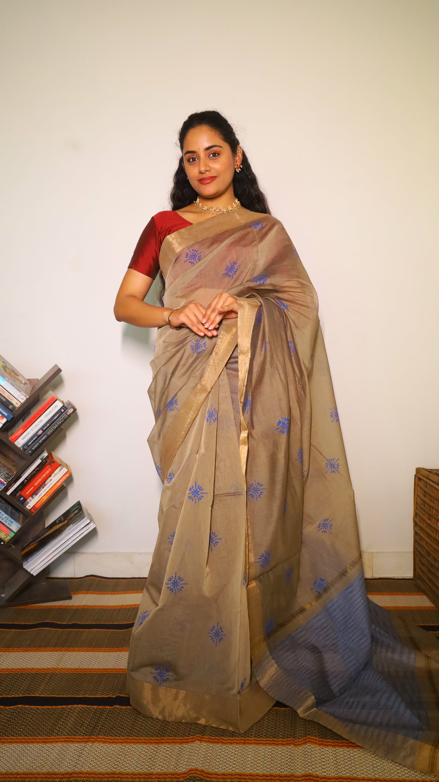Magnificent grey cotton block print saree with gold zari and blue striped pallu -  BOOMIKA