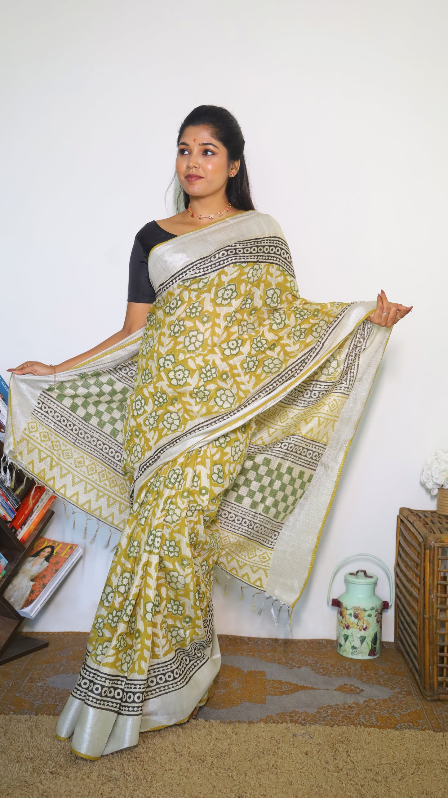 Artisanal white chanderi silk cotton saree with bagru-inspired block prints in mustard, green, and black  - VEDHIKA