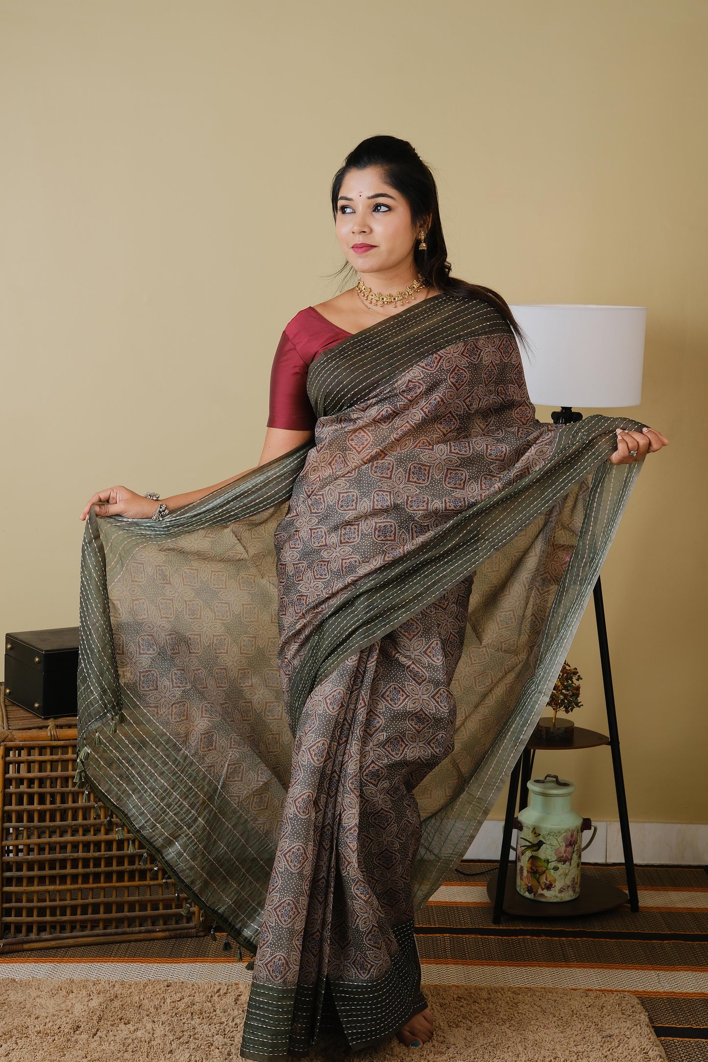 Soft cotton in olive green with mughal print and olive green embroided border - BOOMIKA