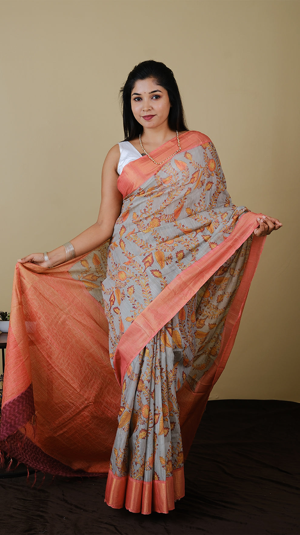 Mulmul cotton in light grey with floral motif and peach orange zari border - KRITHIKA (40012018)