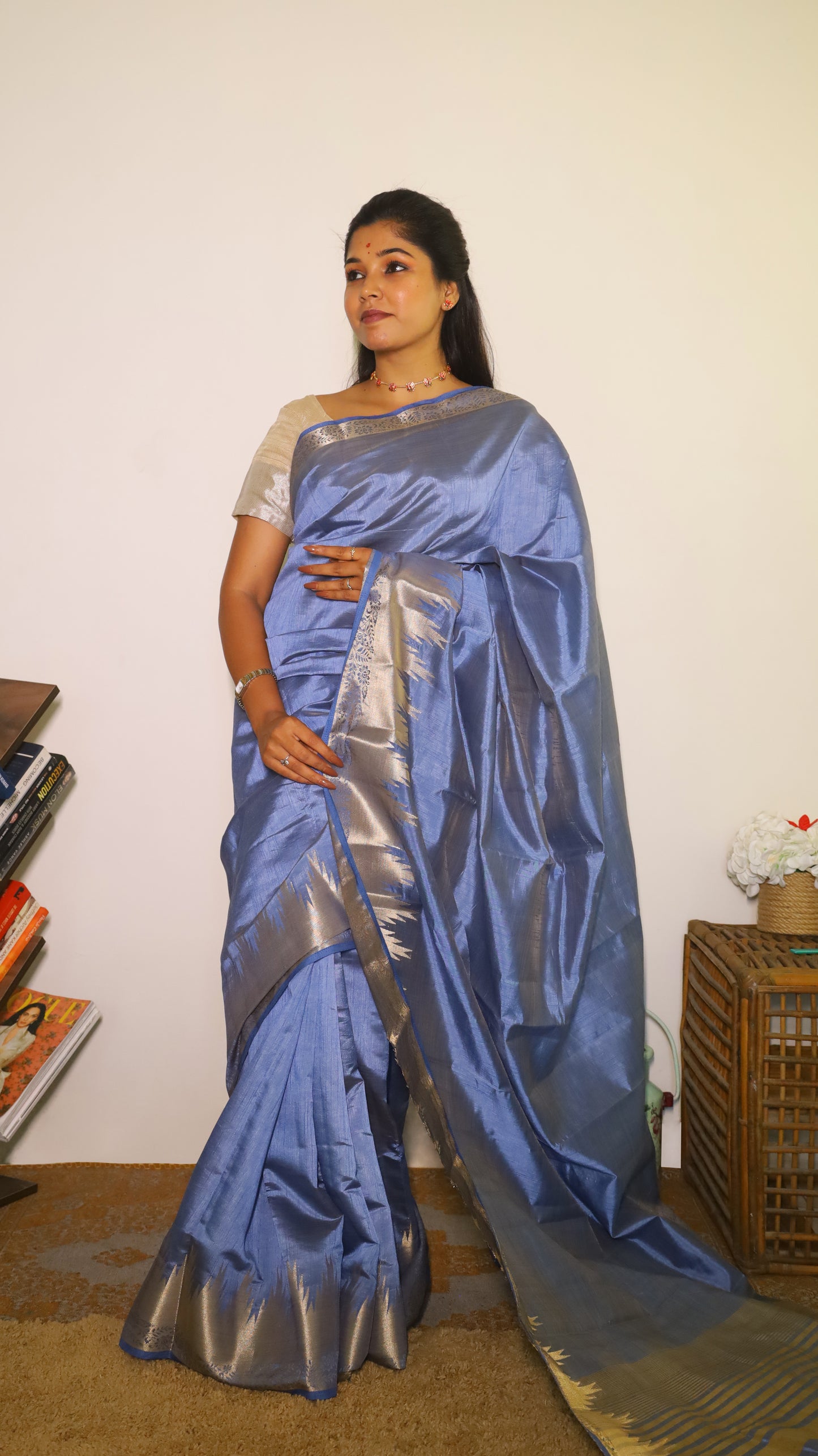 Graceful and refined steel blue Semi Soft Silk Saree with rich silver zari woven border   - AVANTHIKA