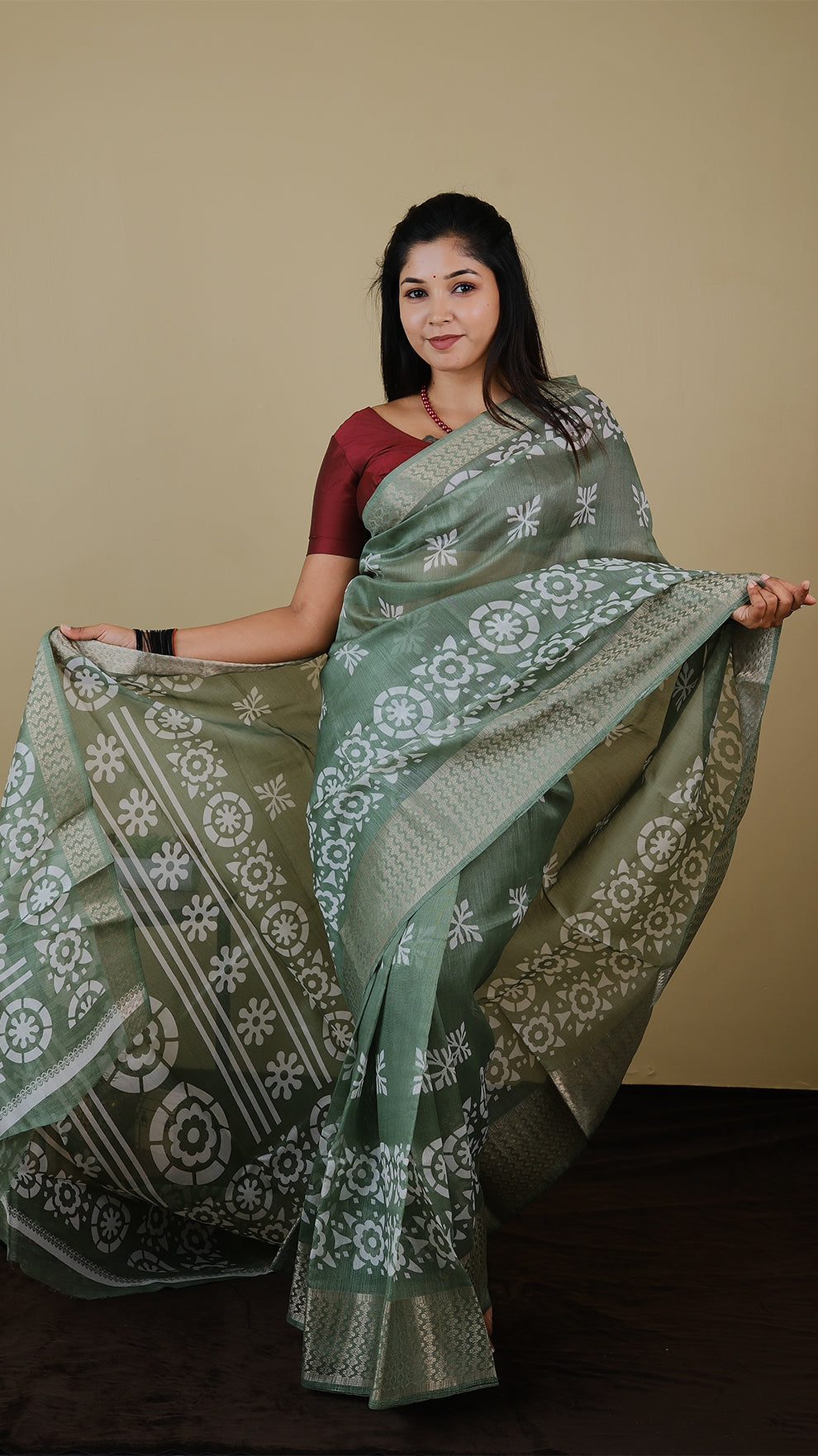 Kilimanjaro Cotton in Mint Green with white batik style print in gold zari border - BOOMIKA (30010044)