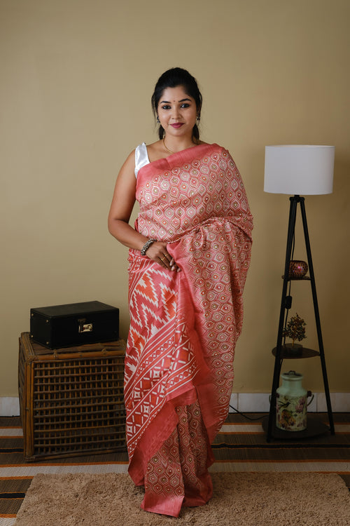 Tussar mix dark pink all over mughal print with dark peach pallu - BOOMIKA