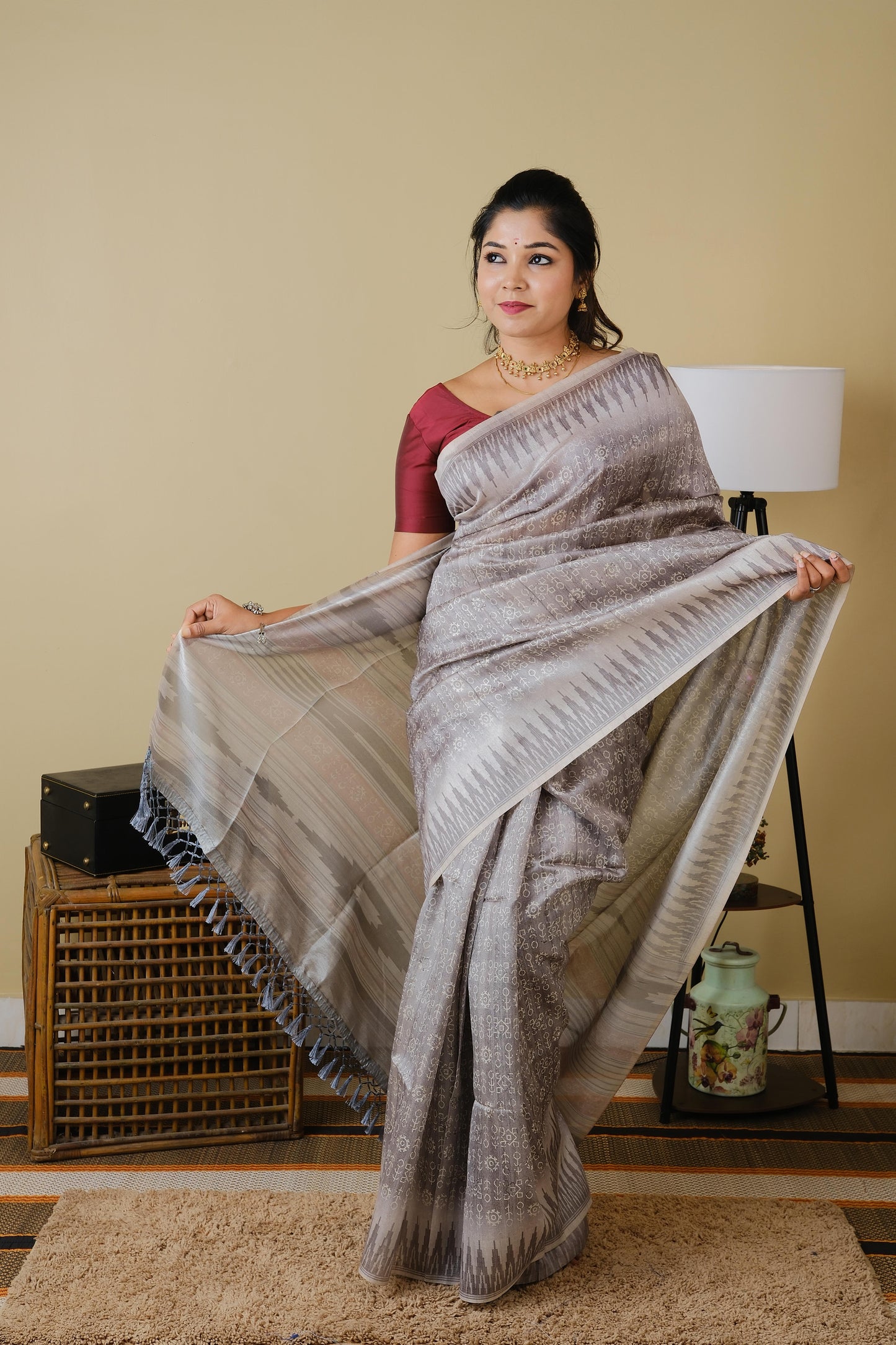 Light grey tribal digital print with ikat border saree - BOOMIKA