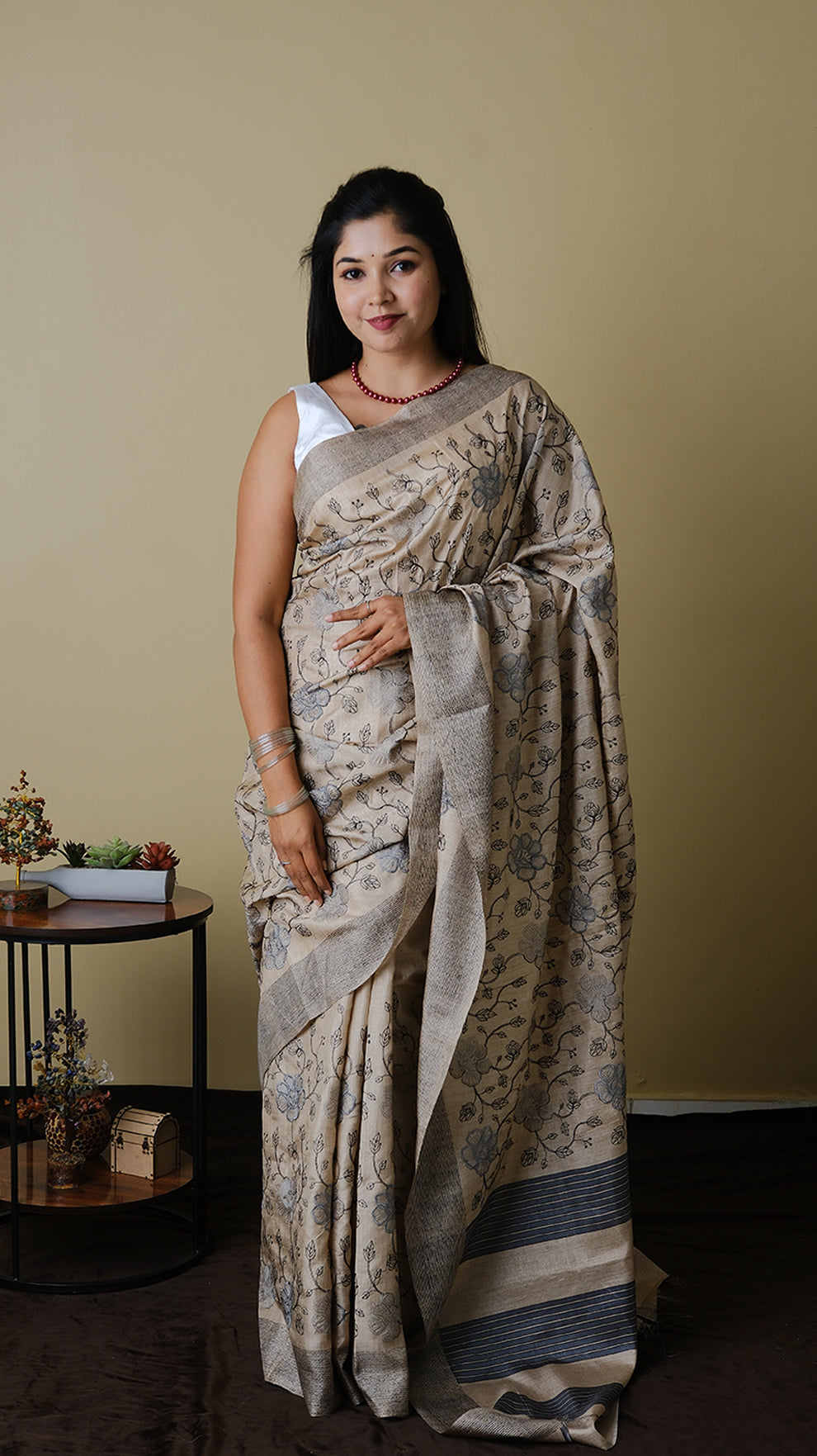 Semi tussar silk with hand embroidery in light beige with kashmiri floral cross stich embroidery and a textured border - KRITHIKA (40010009)
