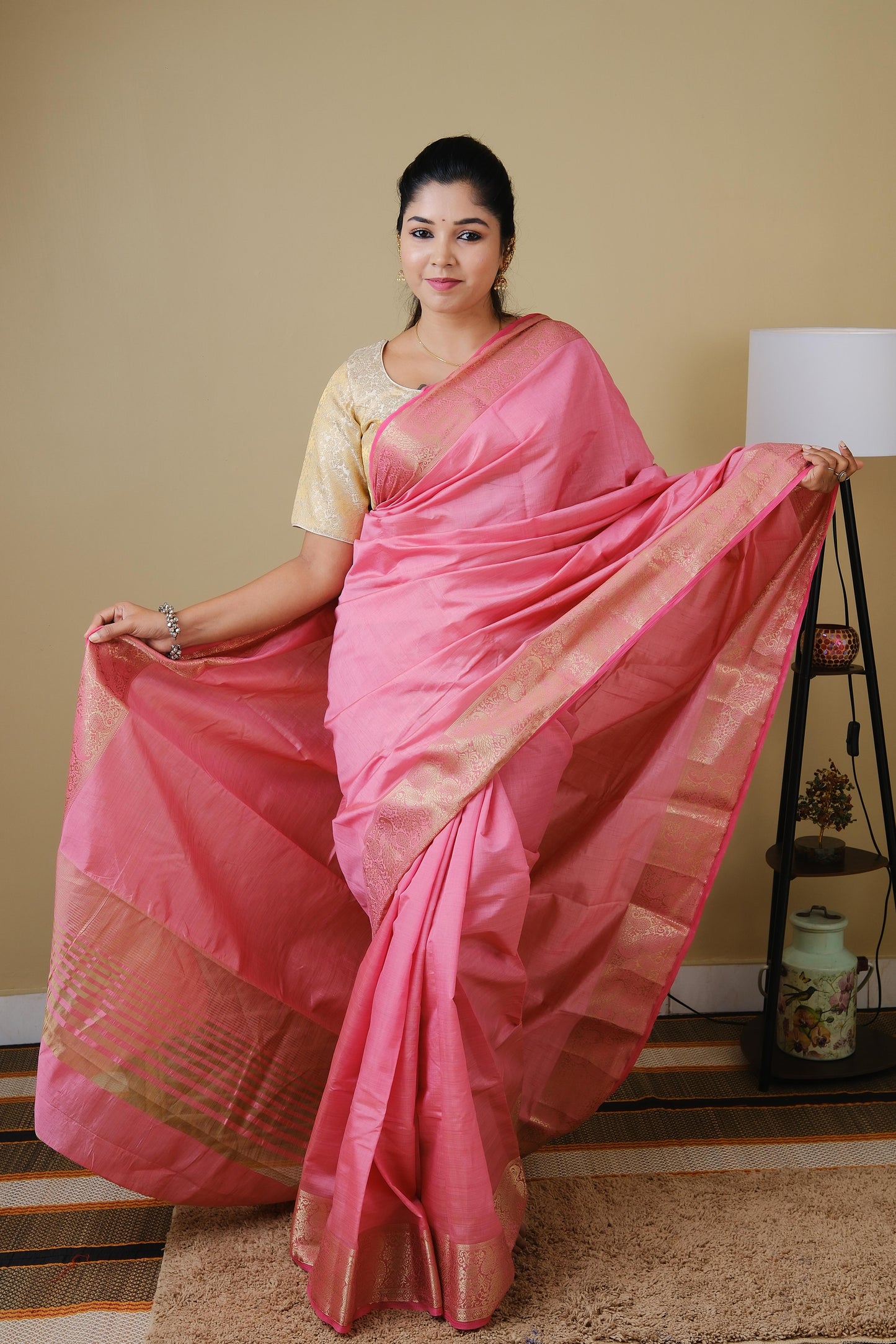 Semi soft silk in light pink with double zari border and striped pallu - AVANTHIKA
