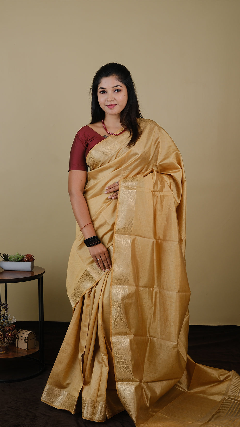 Semi soft silk in sandal with double zari border and striped pallu - AVANTHIKA (20005003)