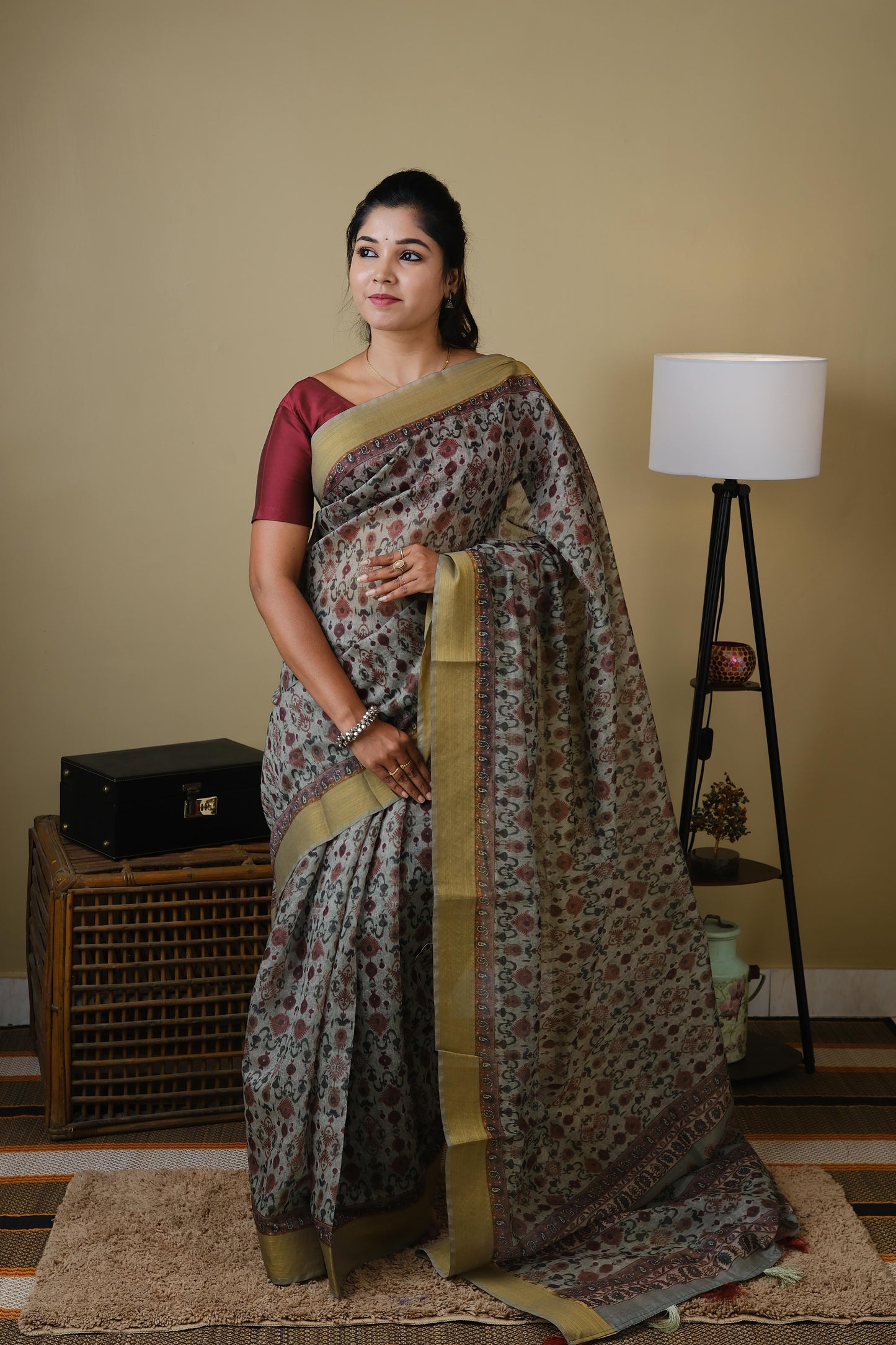 Soft cotton in seige green with all over mughal print and self zari border - BOOMIKA