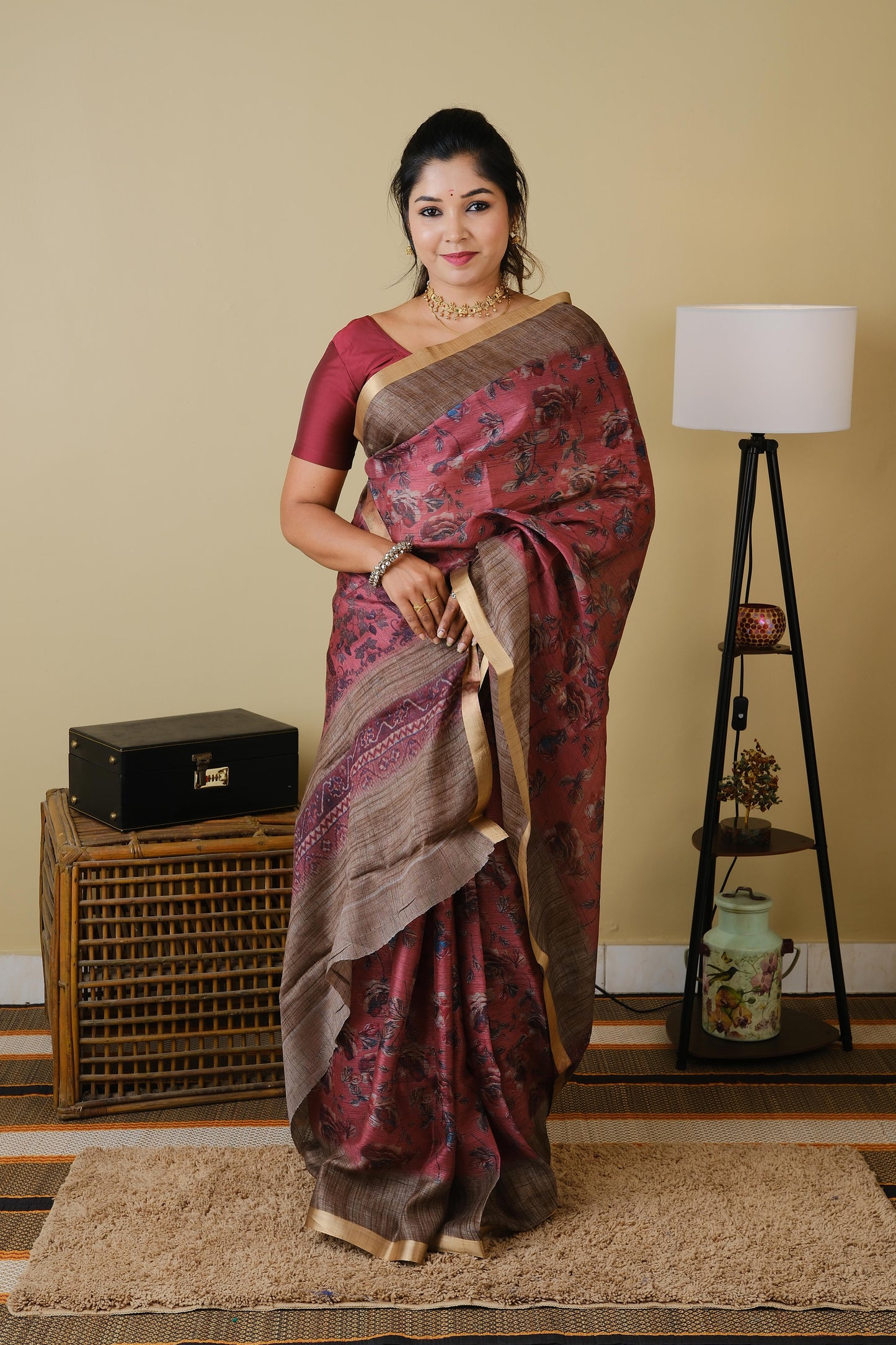 Semi khadi cotton with rose digital print in burnt rose pink with jal border - BOOMIKA