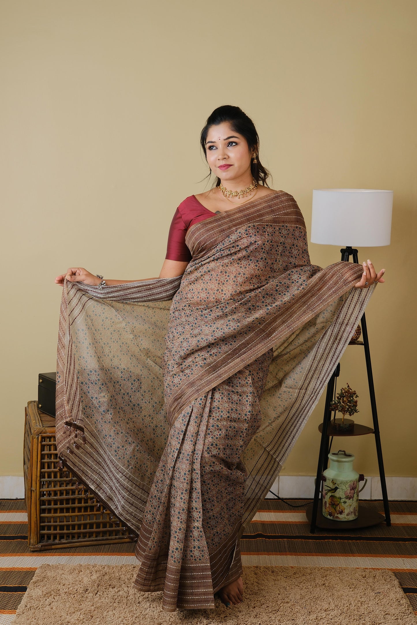Soft cotton in mud brown with mughal print and mud brown embroided border - BOOMIKA