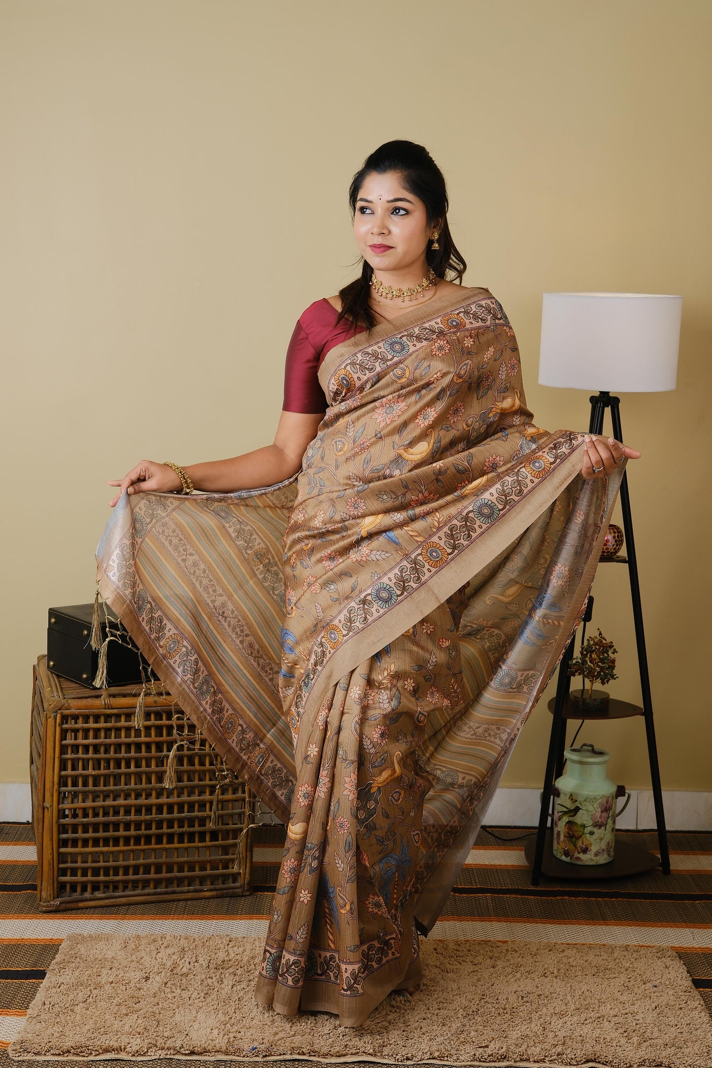 Digital print in wheat brown with all over motifs and floral border - BOOMIKA