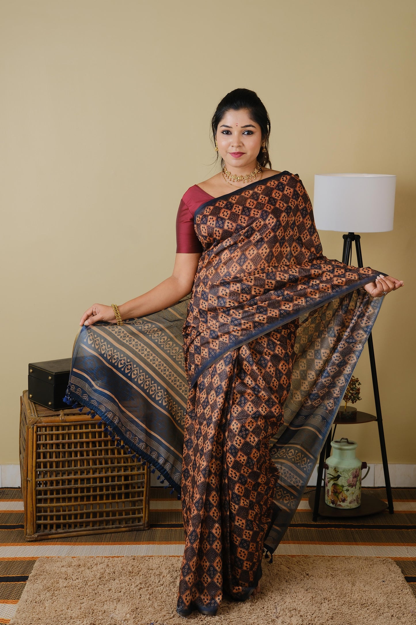 Chanderi silk in bottle green and carrot orange with all over digital print -  BOOMIKA