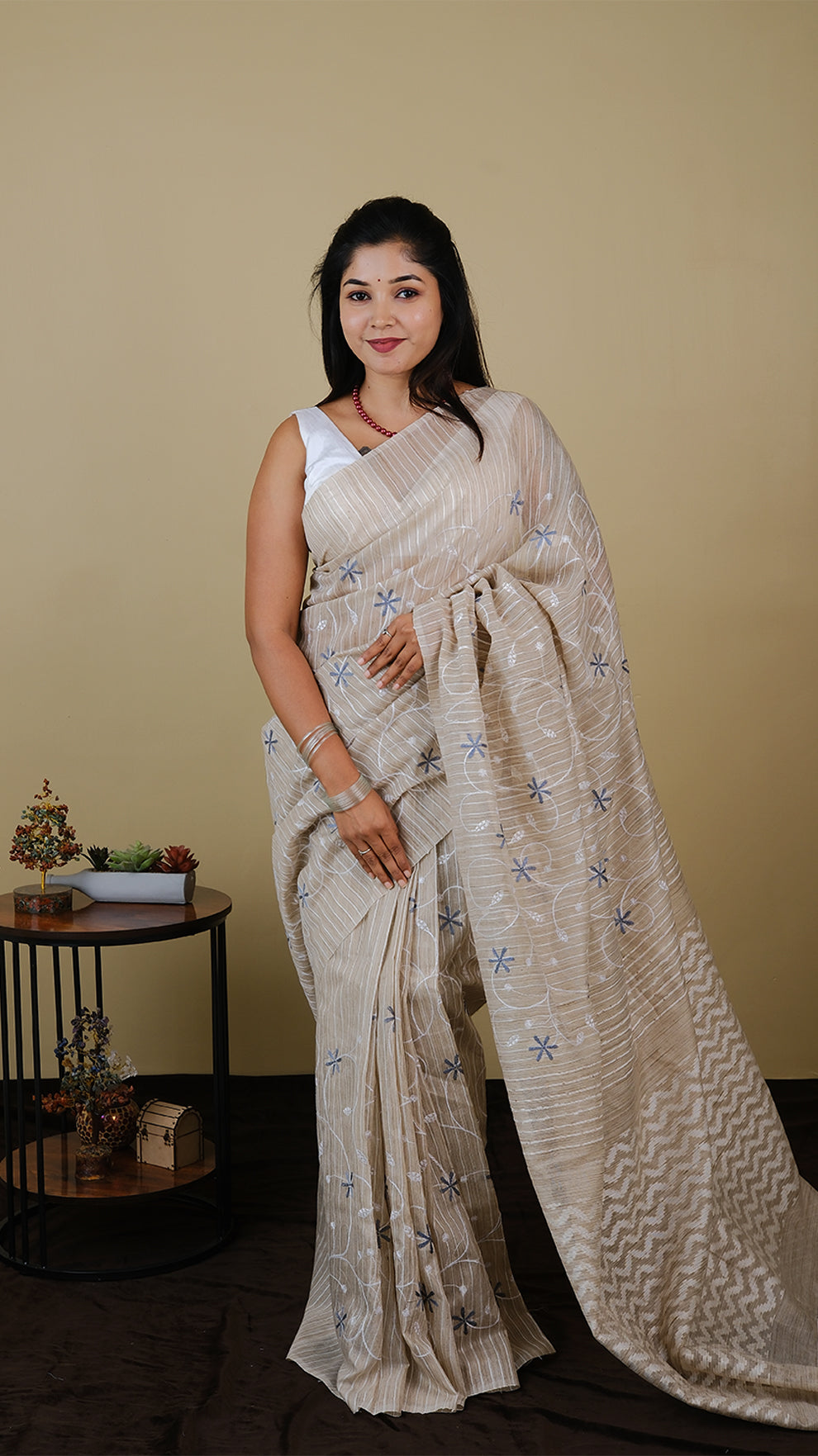 Everyday comfort jute khadi cotton in beige colour with dark grey and white embroidery - BOOMIKA (30010011)