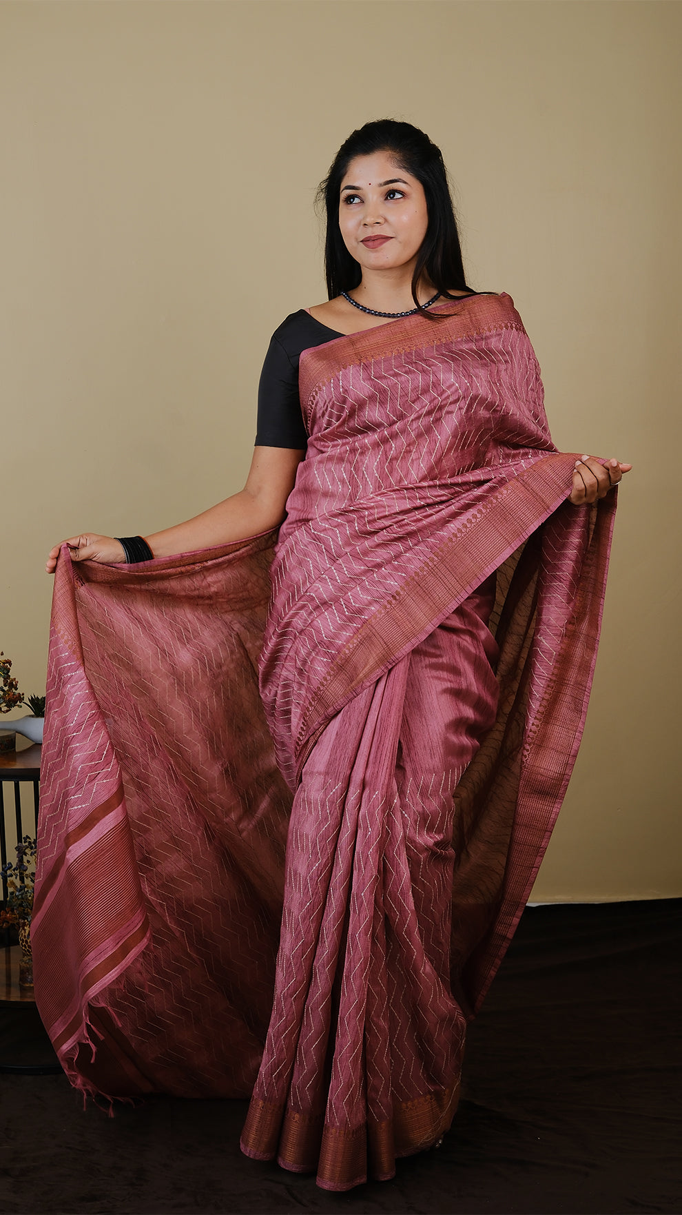 Semi silk dusty pink saree with all over thread and chumki work and anti gold woven zari border - AVANTHIKA (20009028)