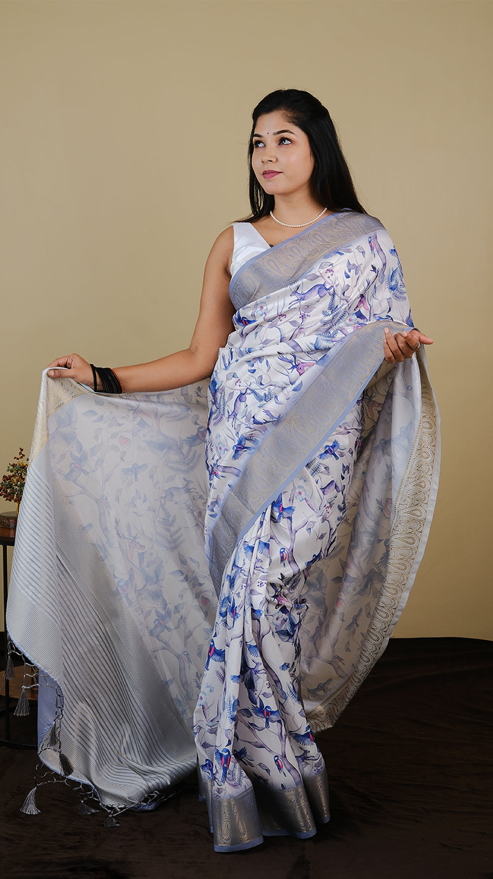 Digial print off white saree with all over bird print and grey zari border - AVANTHIKA (20012007)