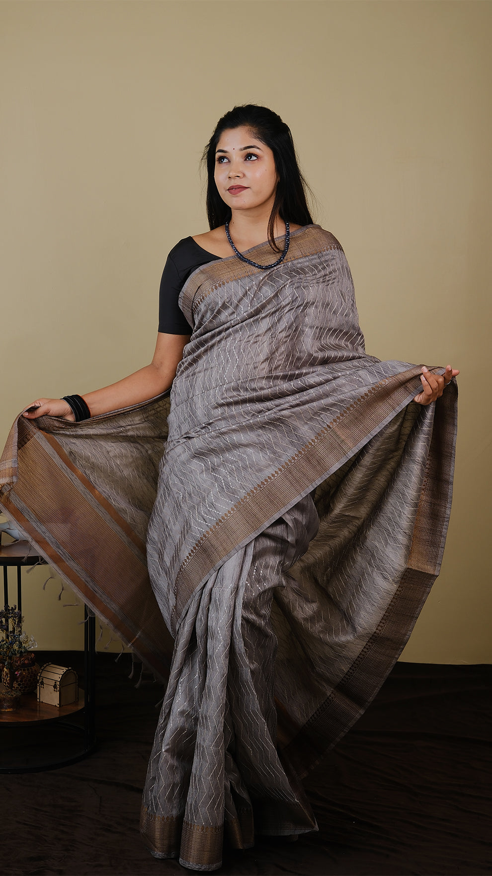 Semi silk grey saree with all over thread and chumki work and anti gold woven zari border - KRITHIKA (40009022)