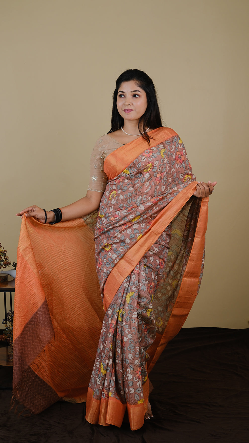 Mulmul cotton in mocha brown with floral motif and peach orange zari border - KRITHIKA (40012010)