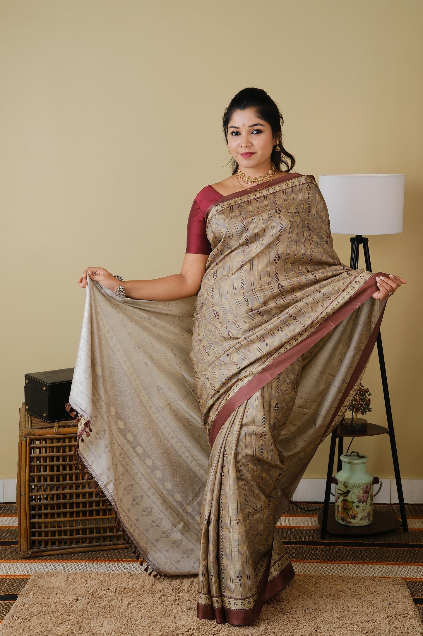 Digital print in light gold with minimalistic design and coffee brown border - BOOMIKA