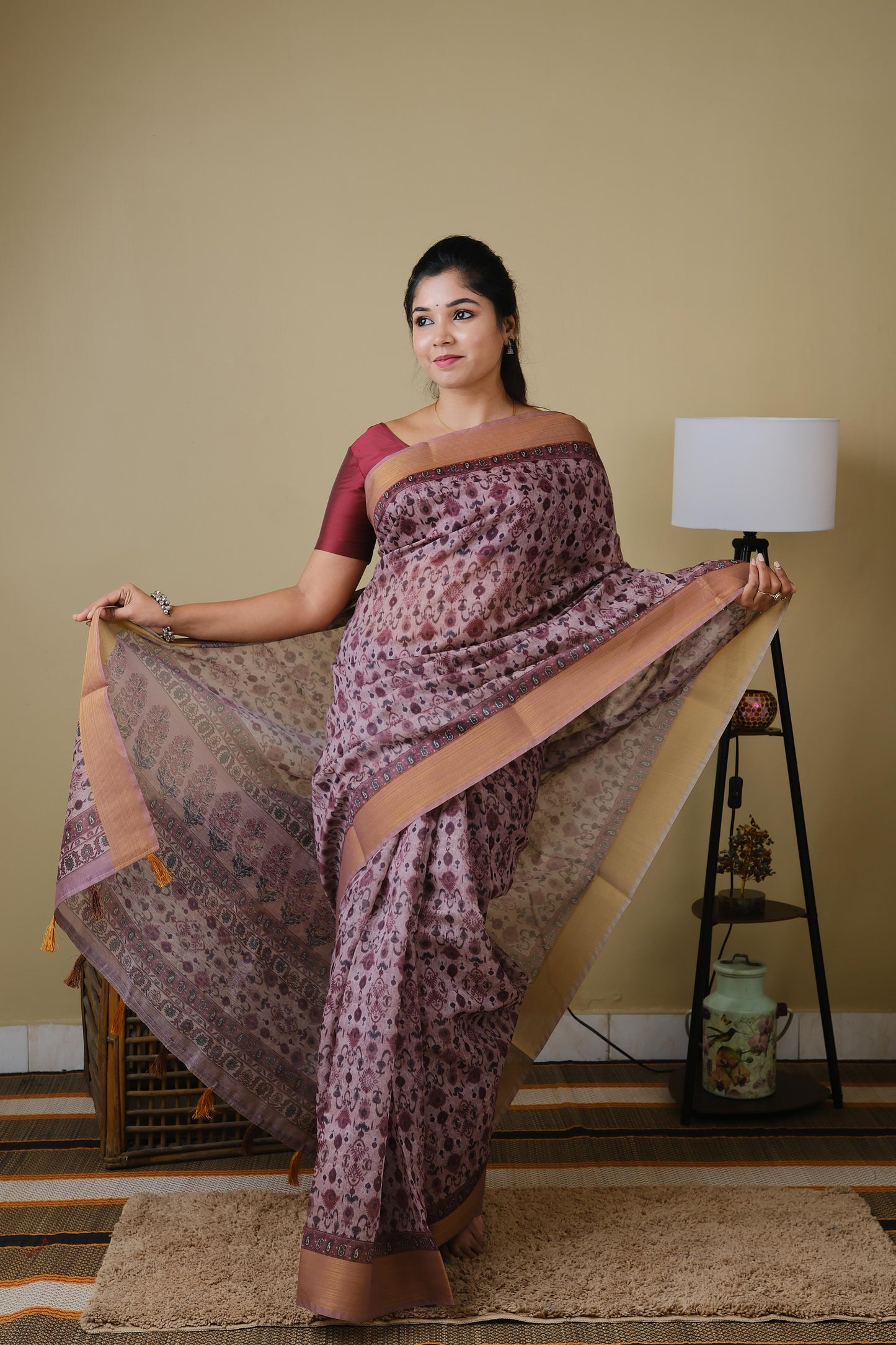 Soft cotton in mauve tribal prints and mocha brown self zari border - BOOMIKA