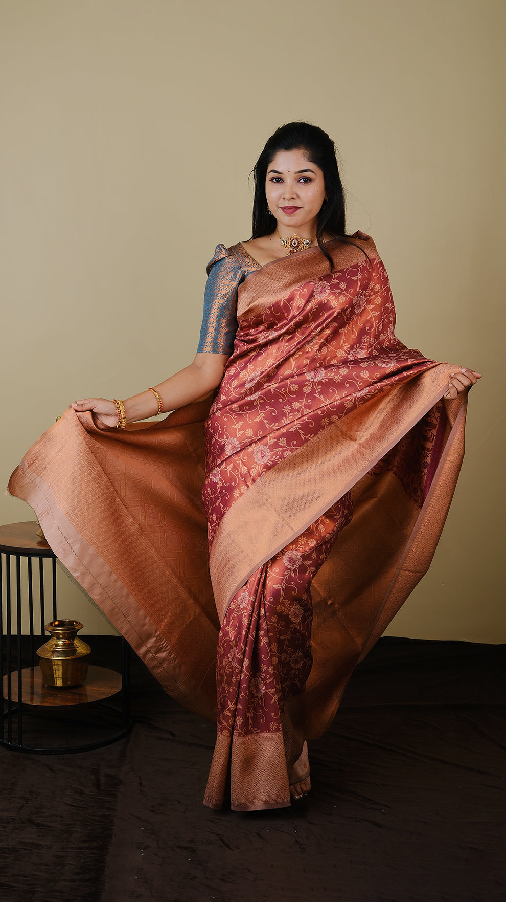 Exquisite Soft Silk in rust brown and rose gold brocade with rose gold contrast double zari border and pallu - AVANTHIKA (20009021)