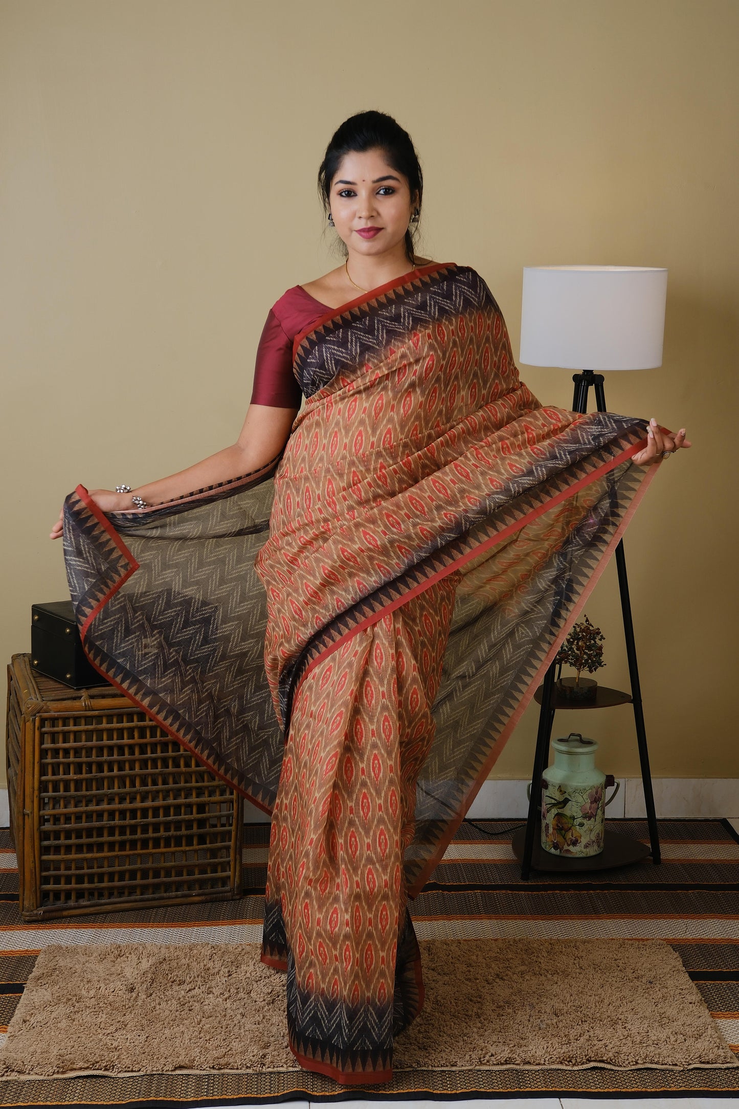 Soft cotton rustic brown tone body with charcoal grey and rust brown temple border - BOOMIKA