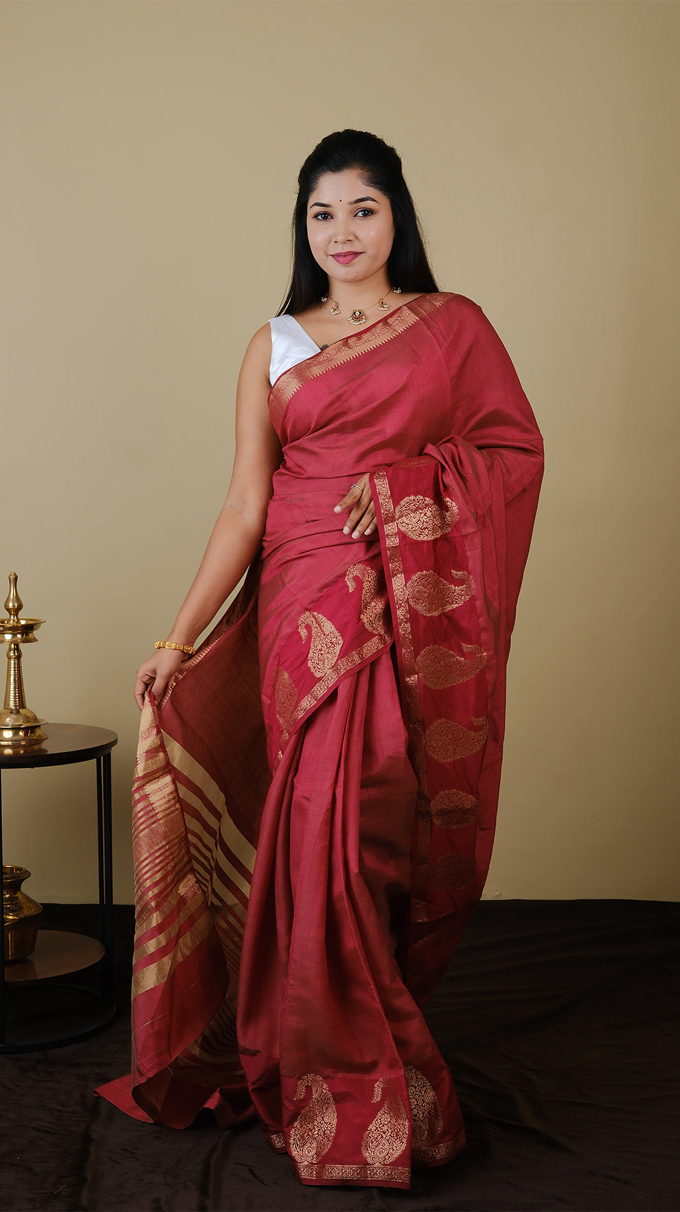 Silk cotton in pomegranete red with traditional mangai zari border and striped zari pallu - AVANTHIKA (20009024)