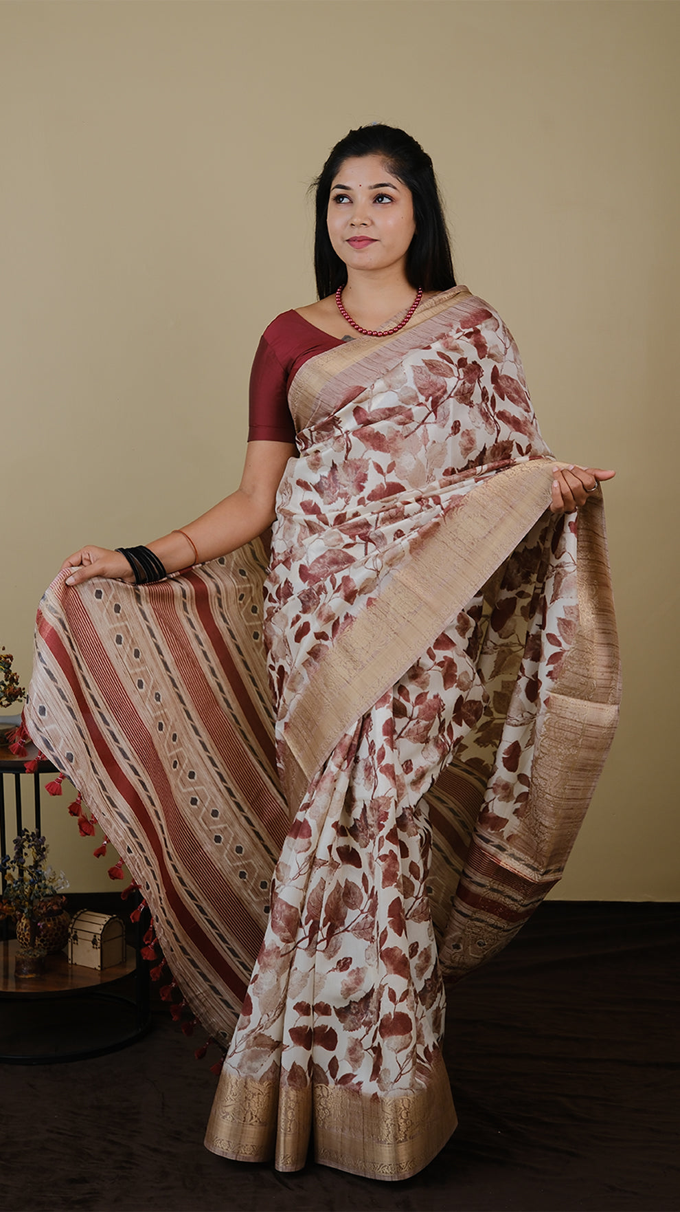 Digital saree in off white and brown with leaf motifs and light gold zari border - KRITHIKA (40012007)
