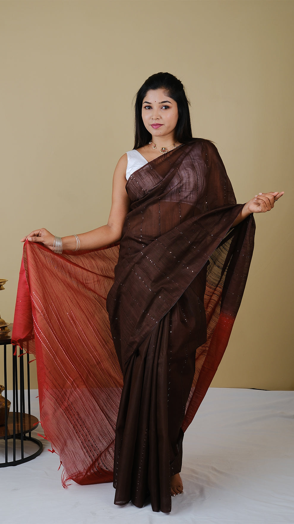 Linen cotton in coffee brown body with rust pallu with threadwork and chamki work - BOOMIKA (30010027)