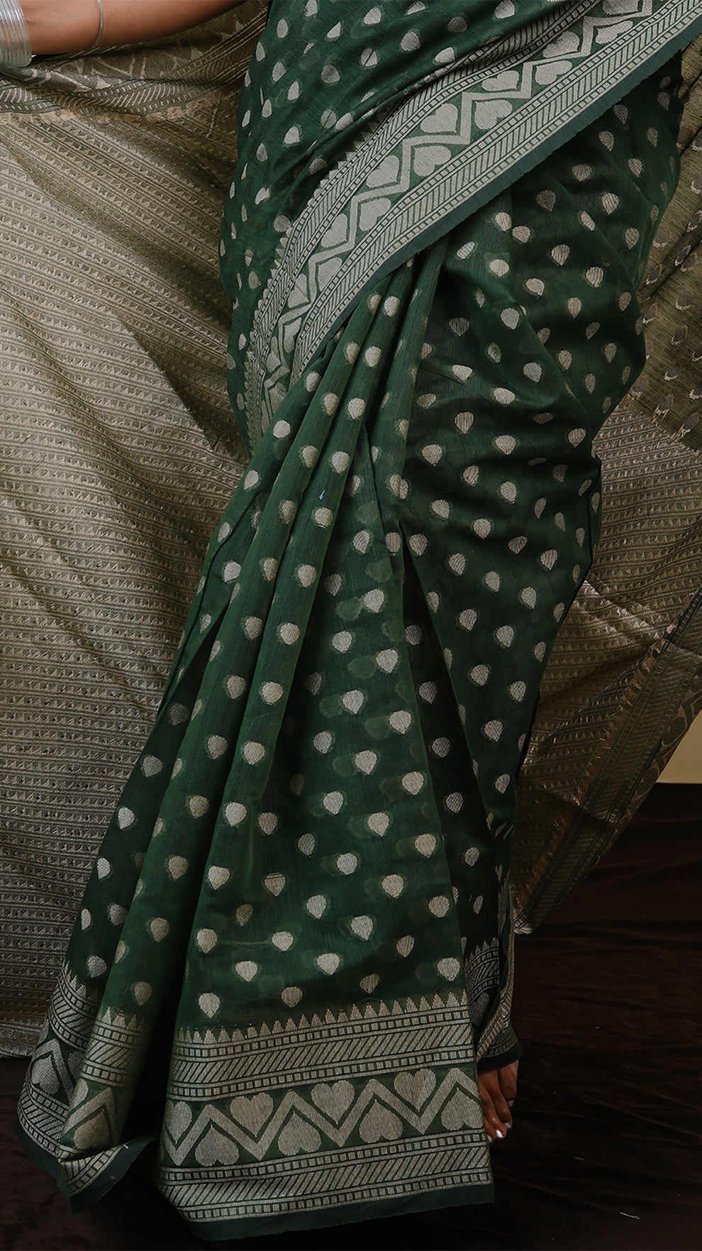 Manipuri cotton in olive green with all over threadwork - KRITHIKA (40010005)