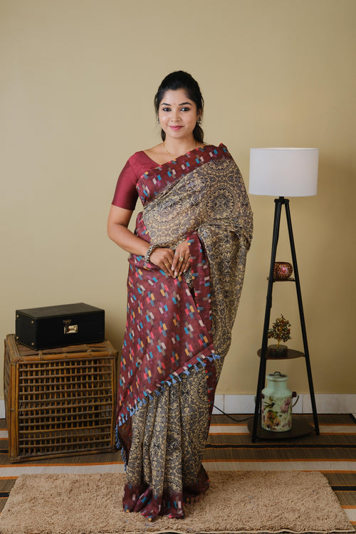 Soft cotton in cream and grey print with burgundy border - BOOMIKA