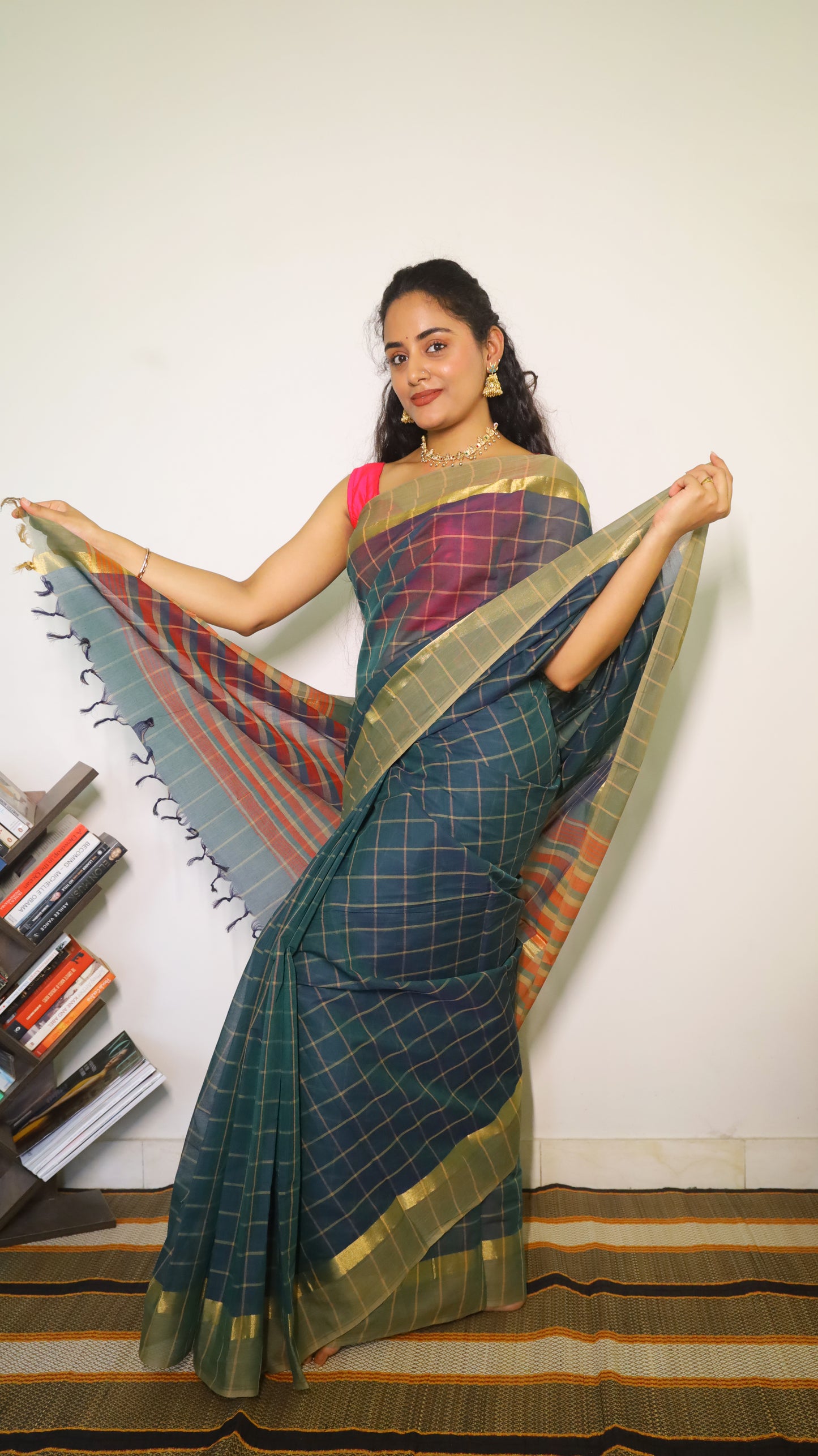 Lightweight manipuri cotton saree designed with golden check patterns across the body - BOOMIKA