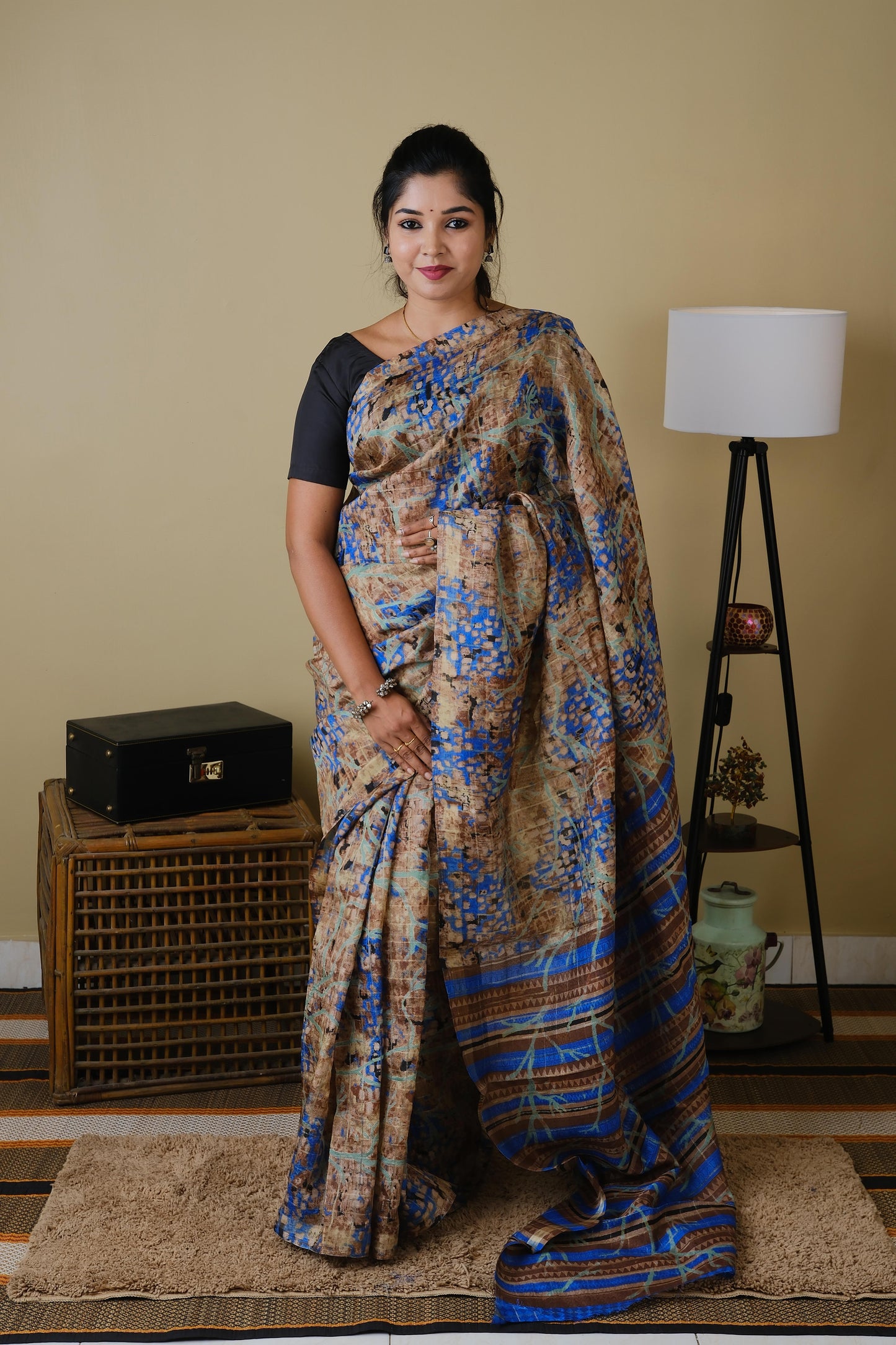 Digital print abstract wash and wear in light brown and royal blue - BOOMIKA