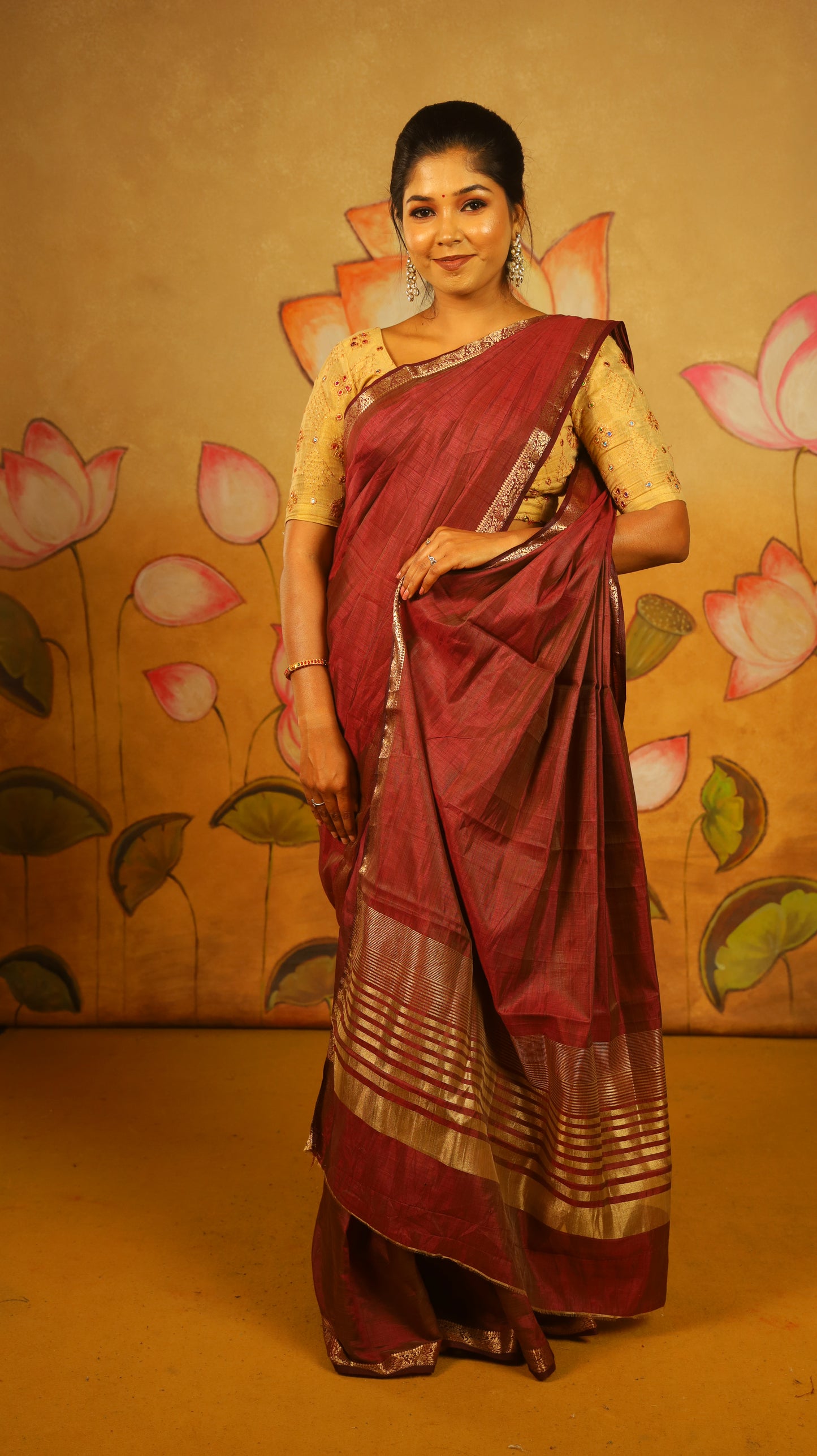 Classic wine red Semi Soft Silk Saree with rich gold zari woven border - AVANTHIKA