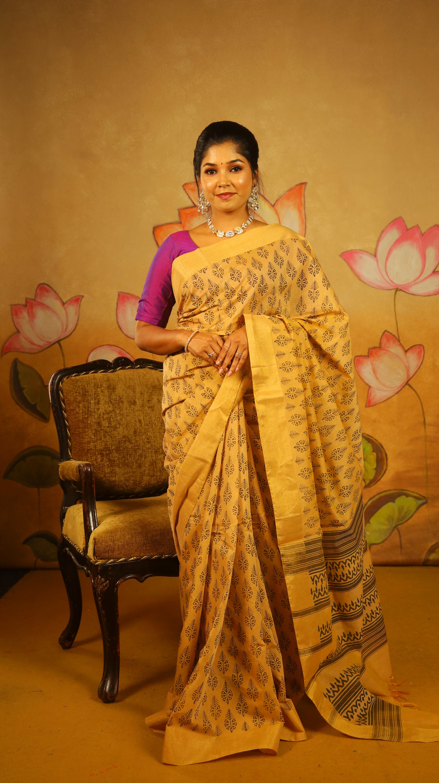 Timeless Handloom Cotton Saree with all-over Block-Printed Leaf Motifs and a subtle gold border. Designed for everyday comfort - BOOMIKA
