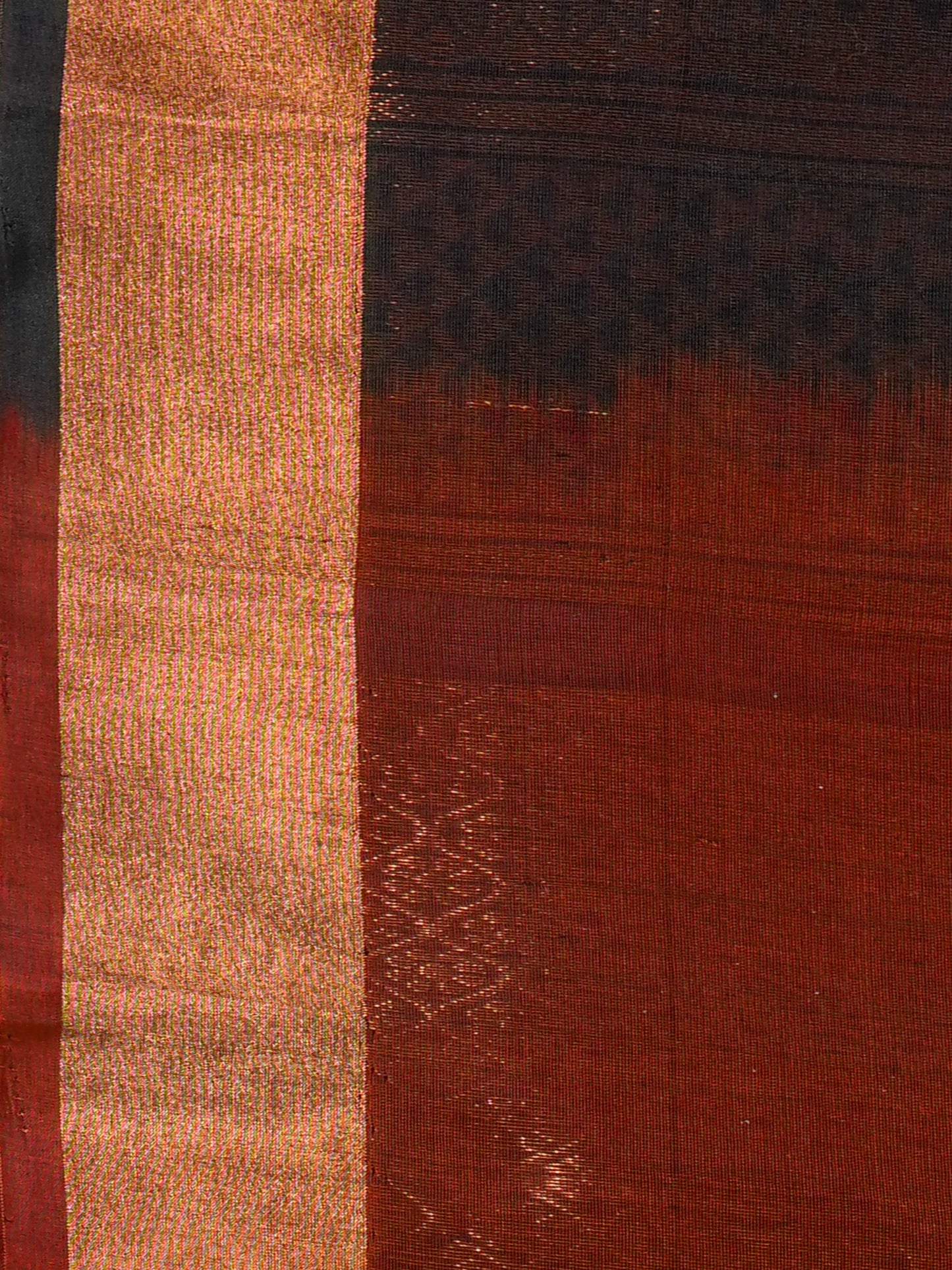 Exquisite silk cotton saree in bottle green and reddish maroon, handwoven with intricate designs - SWASTHIKA