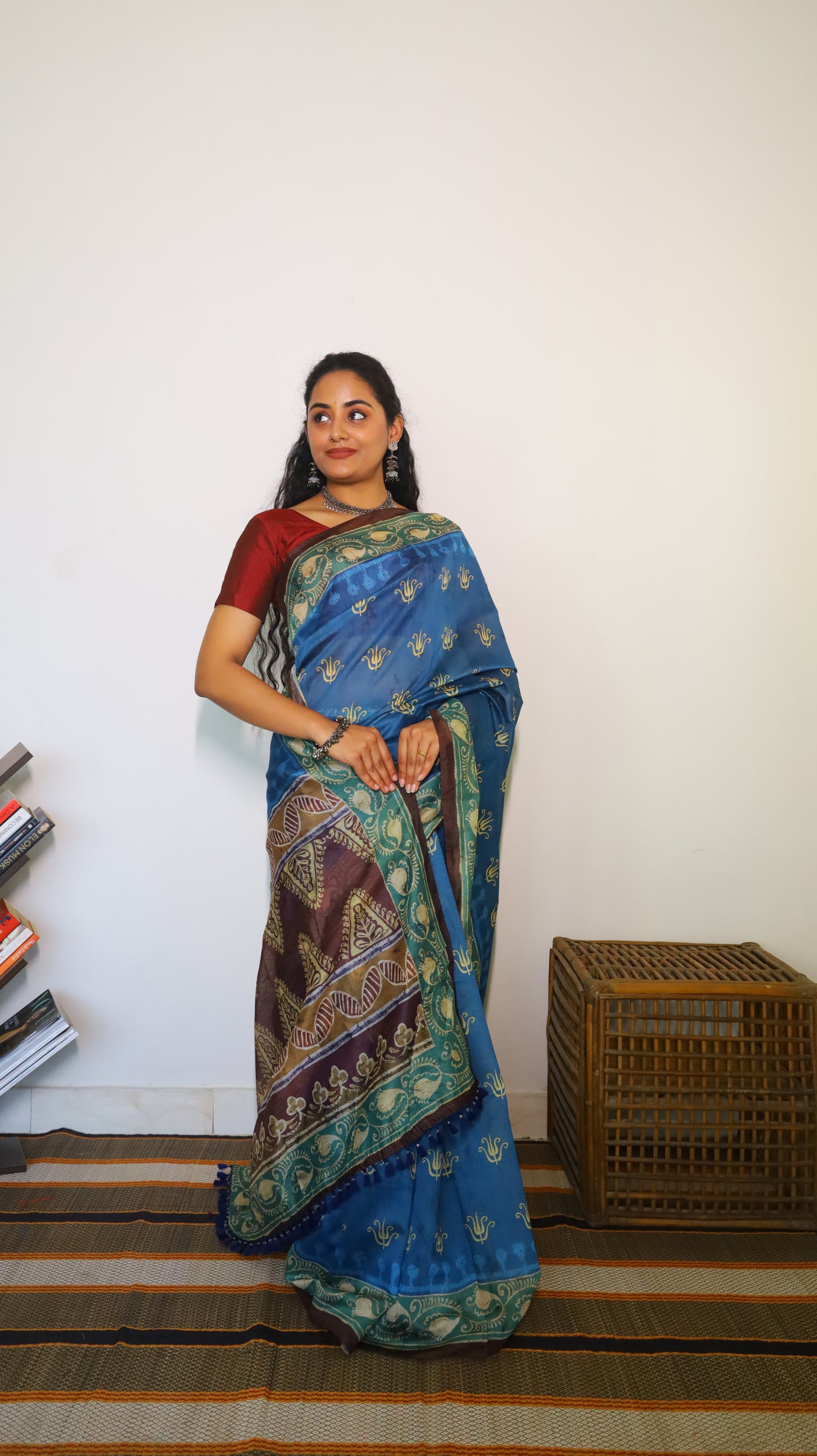 Charming prussian blue semi silk cotton saree with intricate traditional kalamkari prints - VEDHIKA