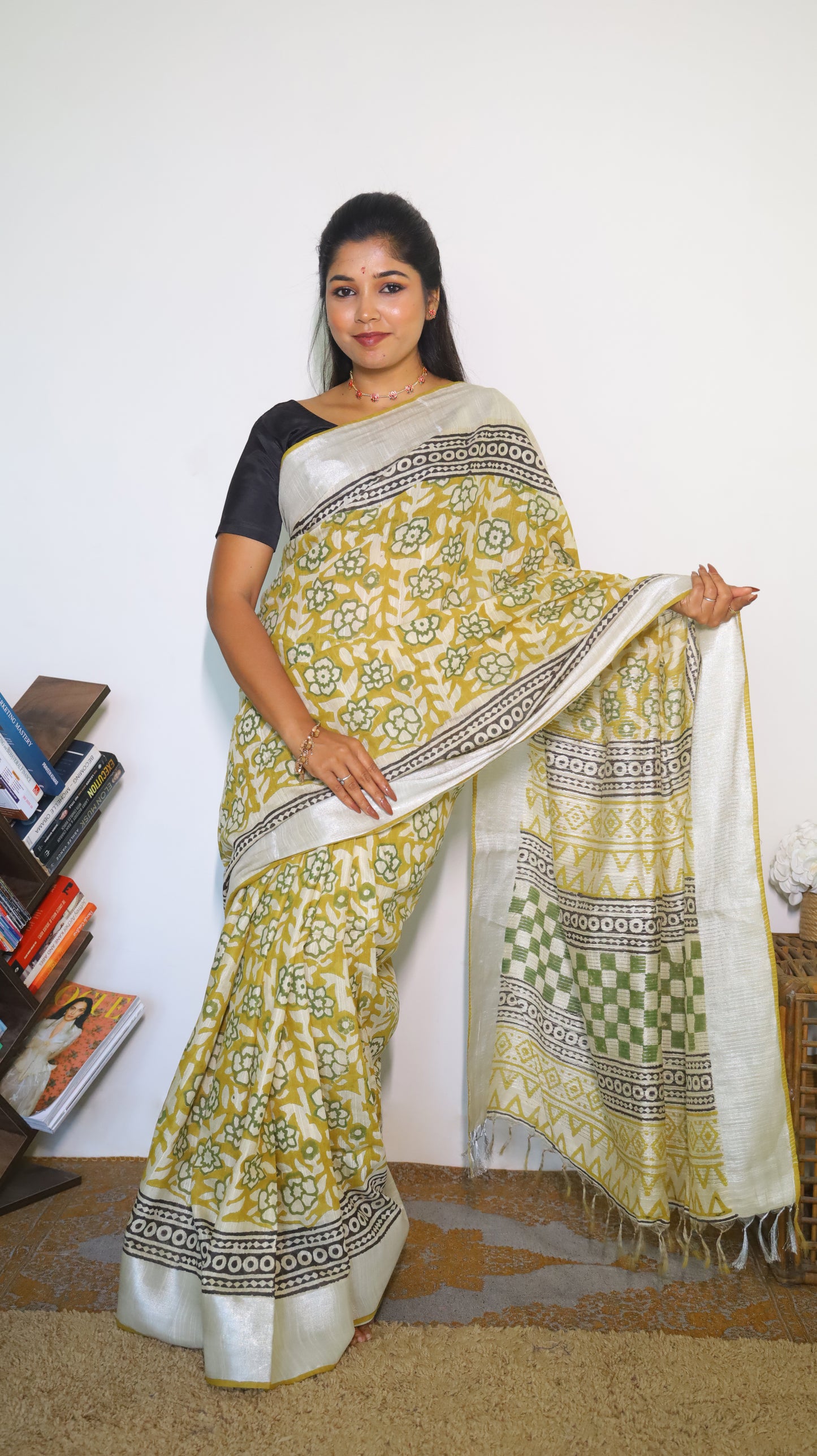 Artisanal white chanderi silk cotton saree with bagru-inspired block prints in mustard, green, and black  - VEDHIKA