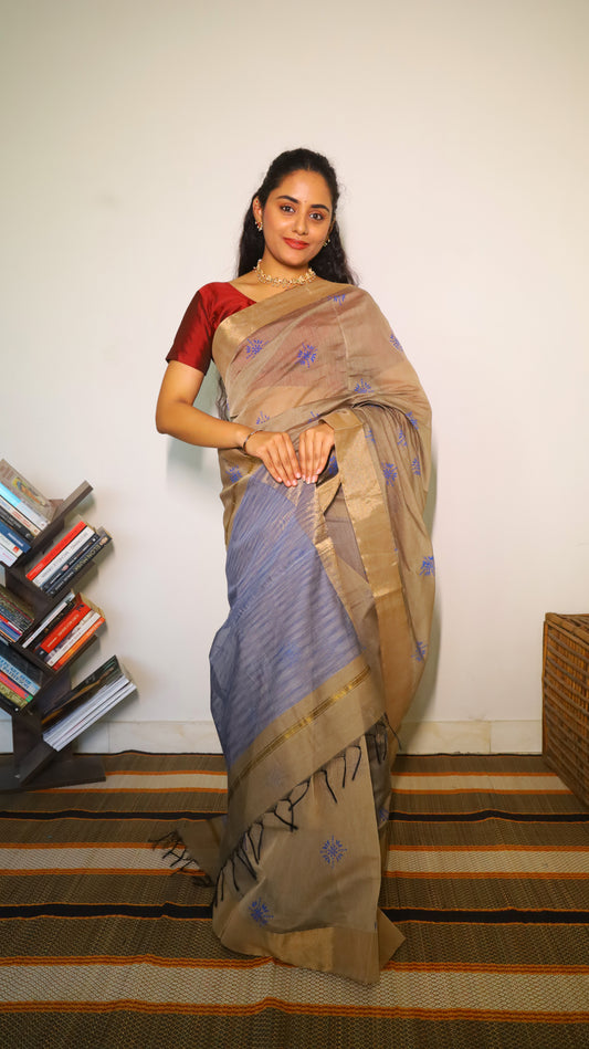 Magnificent grey cotton block print saree with gold zari and blue striped pallu -  BOOMIKA