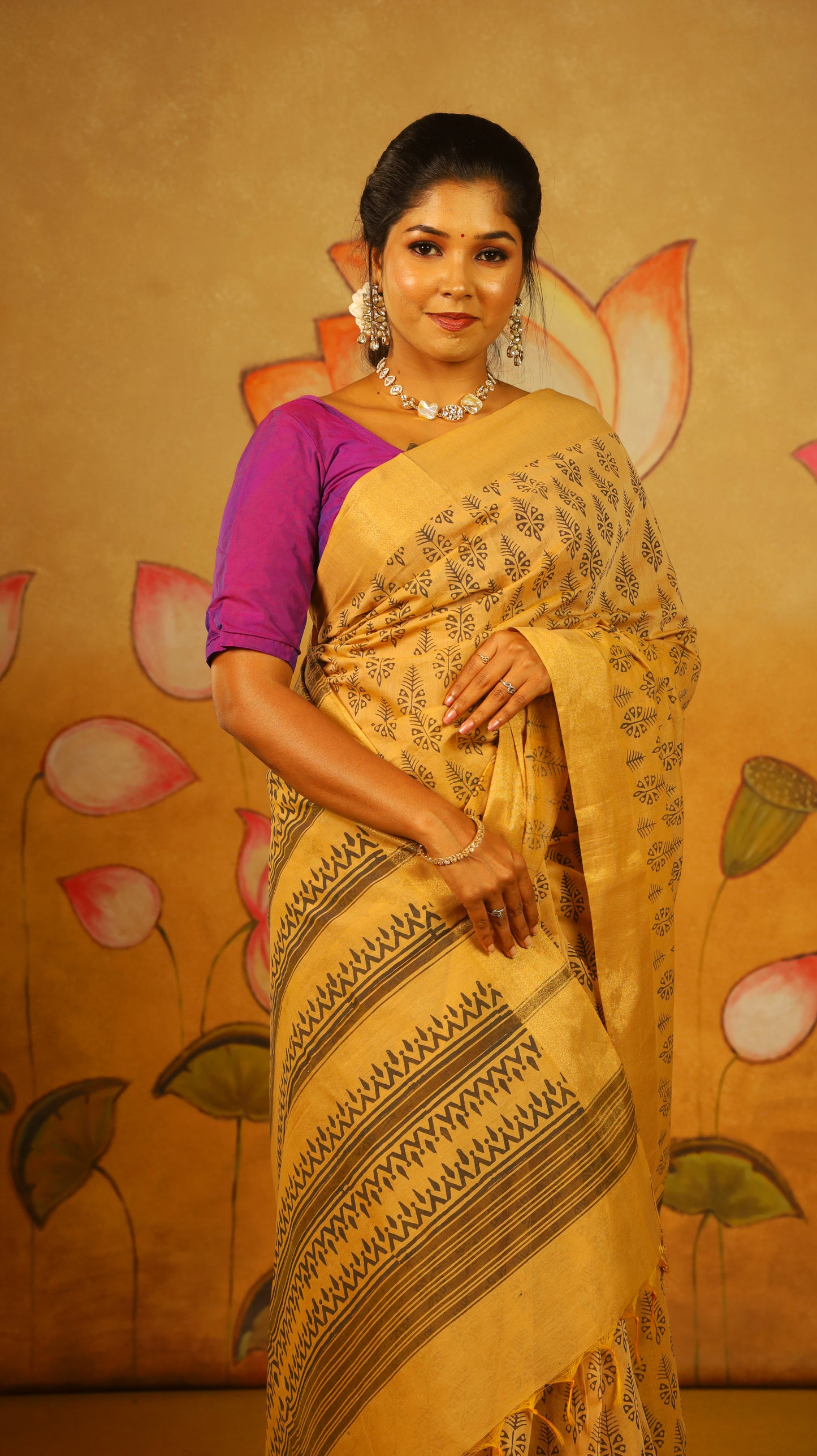 Timeless Handloom Cotton Saree with all-over Block-Printed Leaf Motifs and a subtle gold border. Designed for everyday comfort - BOOMIKA