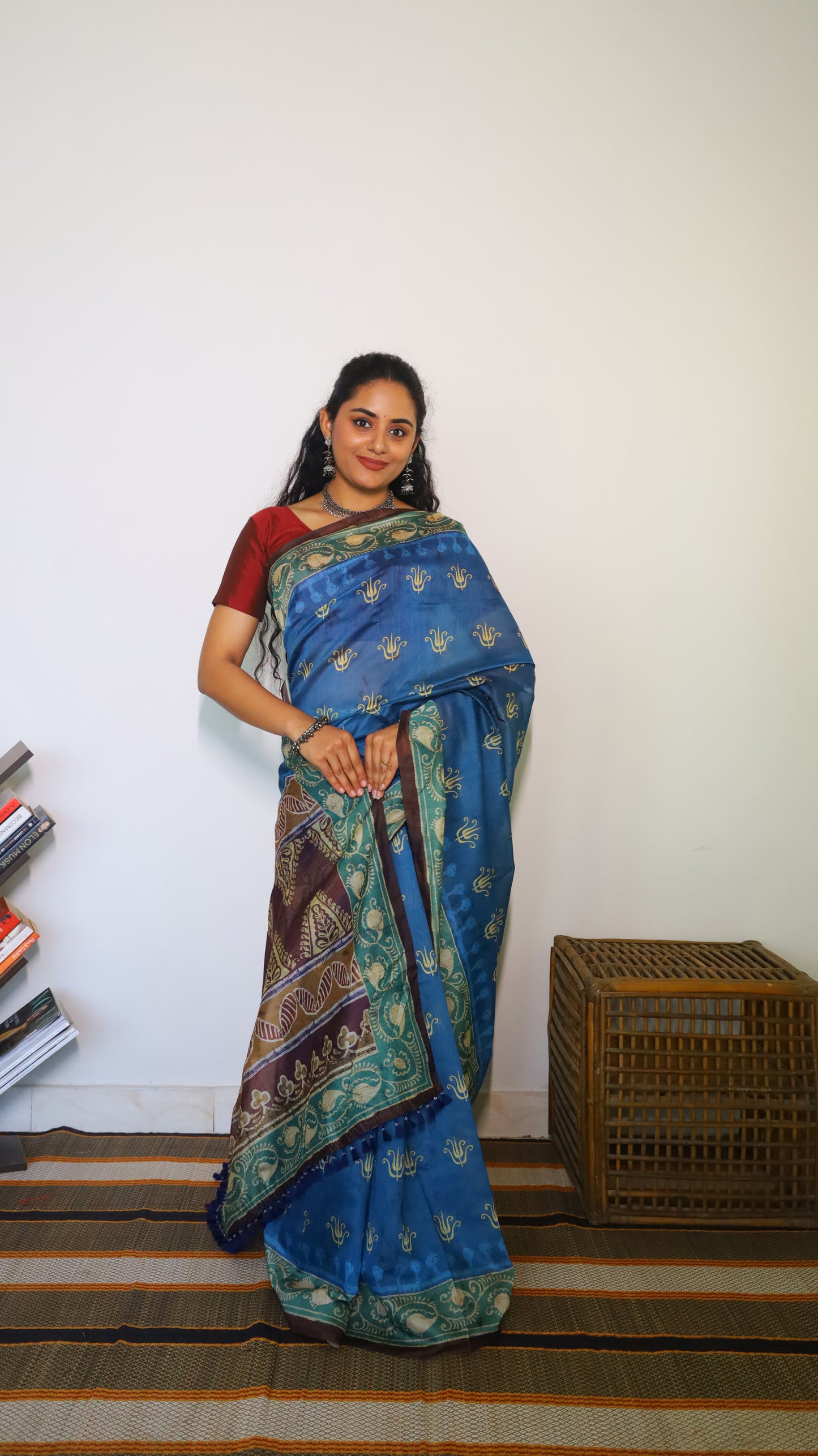 Charming prussian blue semi silk cotton saree with intricate traditional kalamkari prints - VEDHIKA