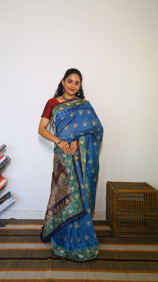 Charming prussian blue semi silk cotton saree with intricate traditional kalamkari prints - VEDHIKA