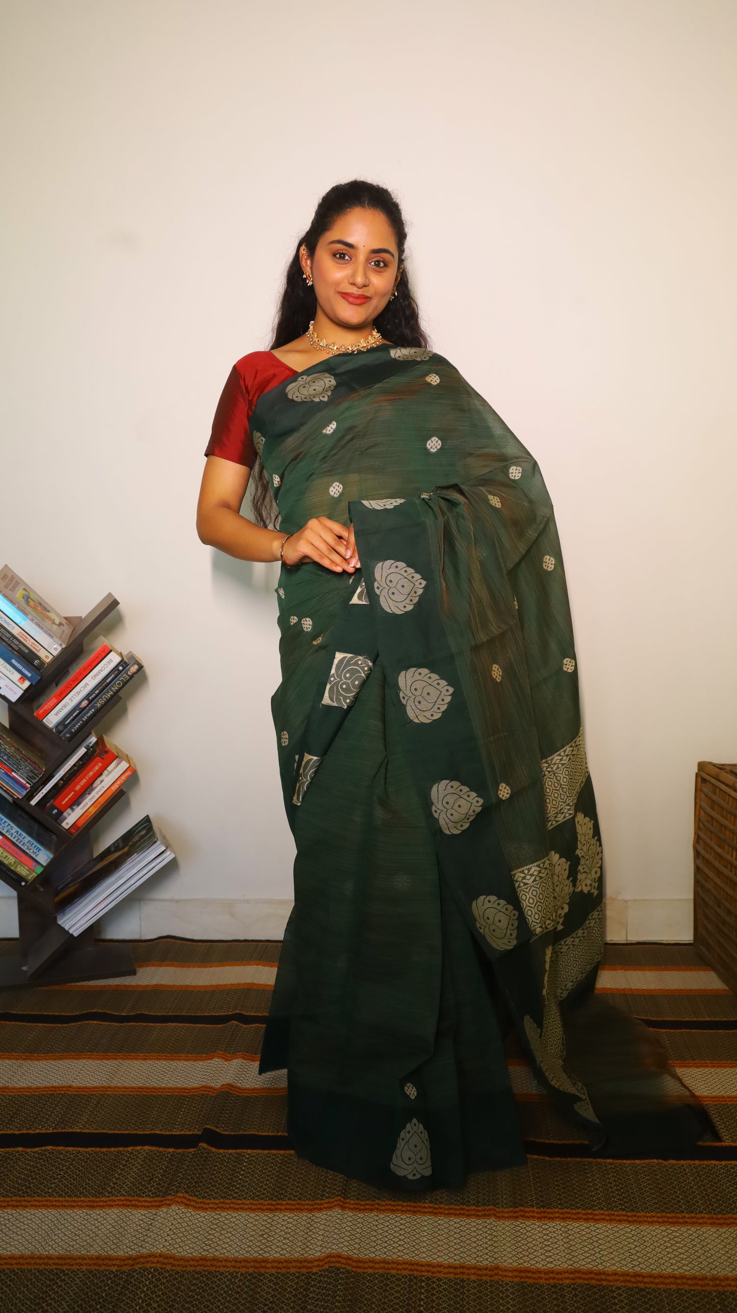 Classic deep forest green cotton saree with silver buttas - BOOMIKA