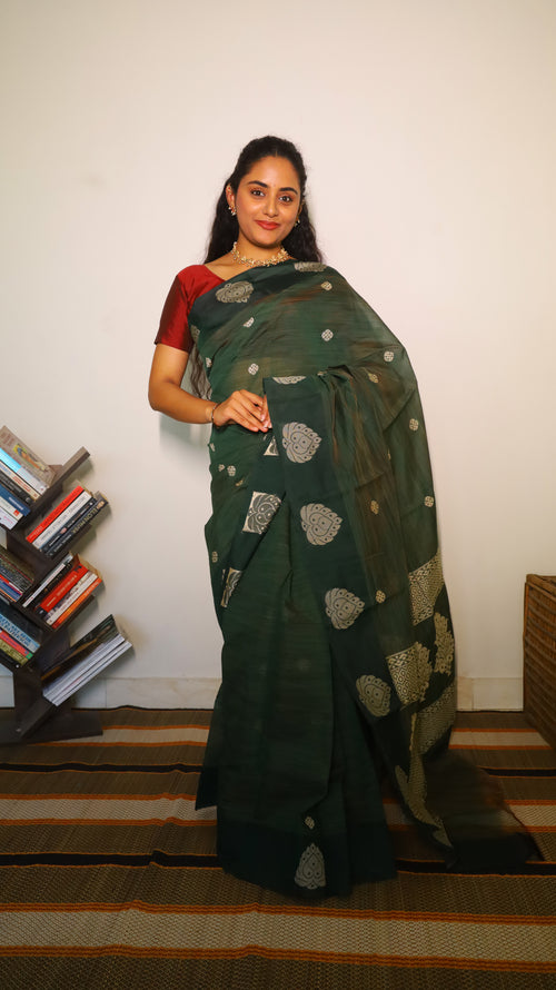 Classic deep forest green cotton saree with silver buttas - BOOMIKA